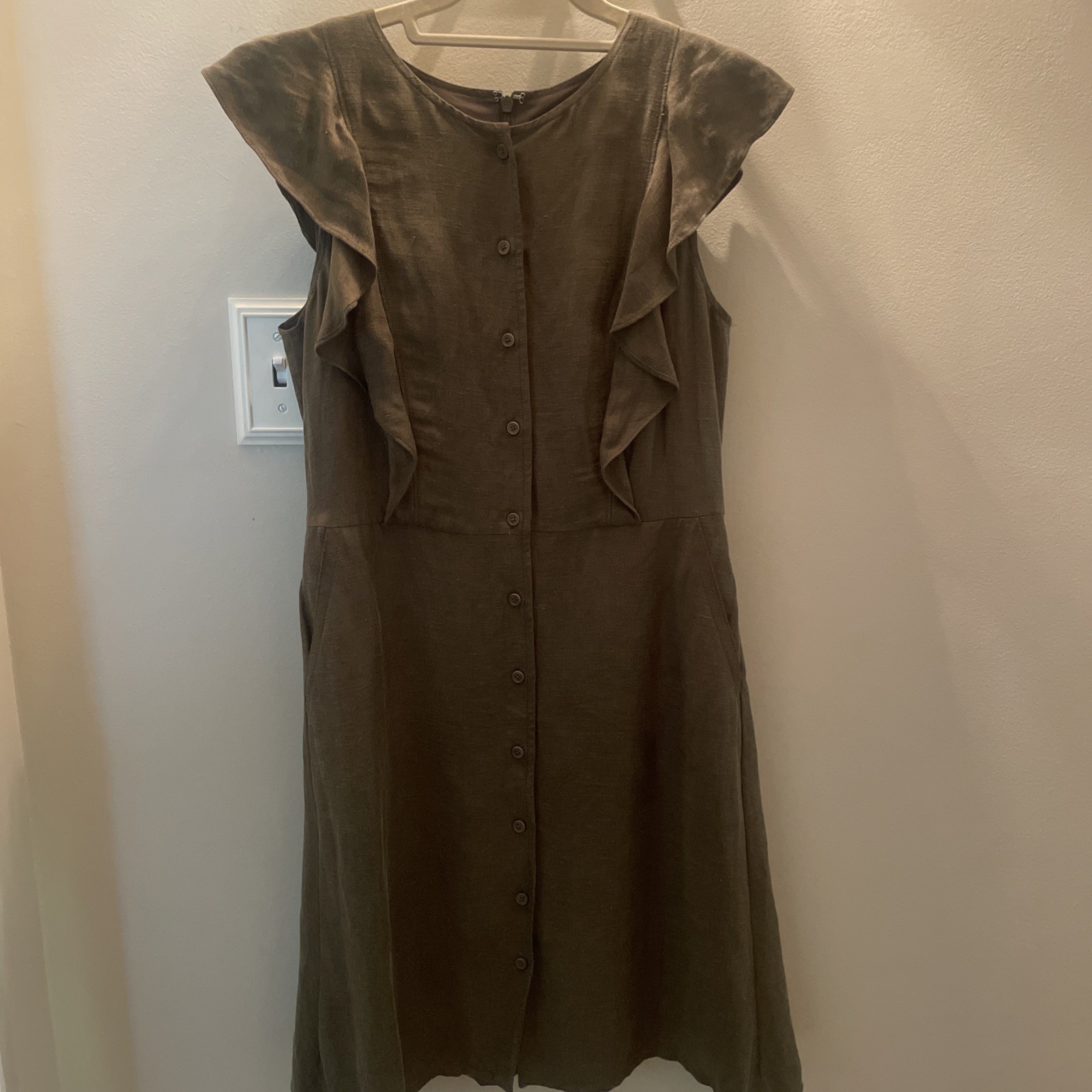 J.Crew Olive Green Ruffle Linen Cupro Blend Dress Sz 4 Knee Length