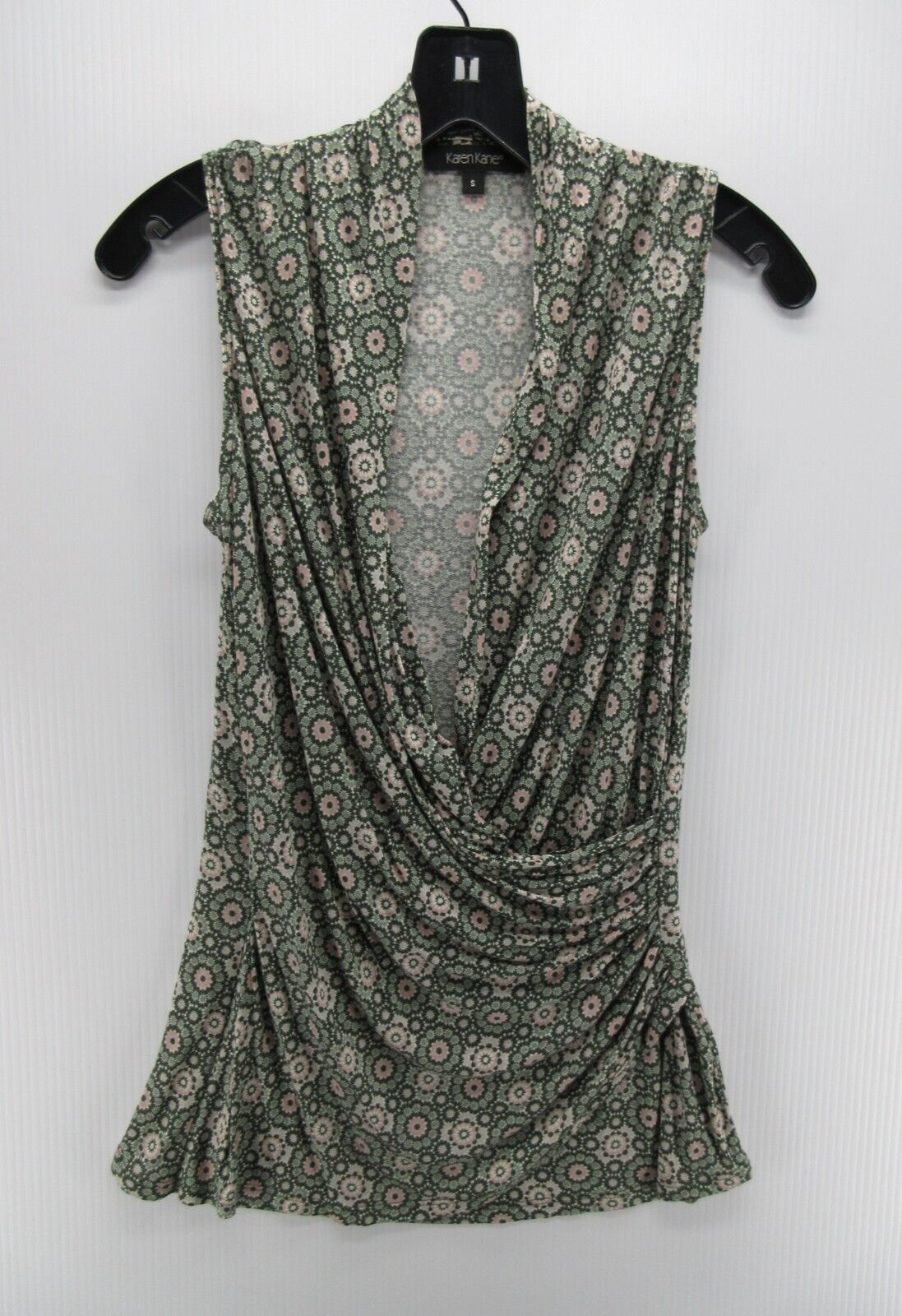 Karen Kane Top Women Small Green Pullover Wrap Blouse Ruched Floral Sleeveless