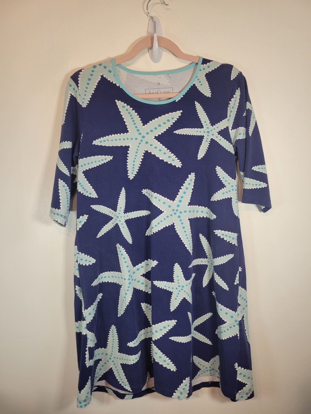 Ana Clare Sea Star Blue A-line Swing Dress Pockets Medium Starfish Beach