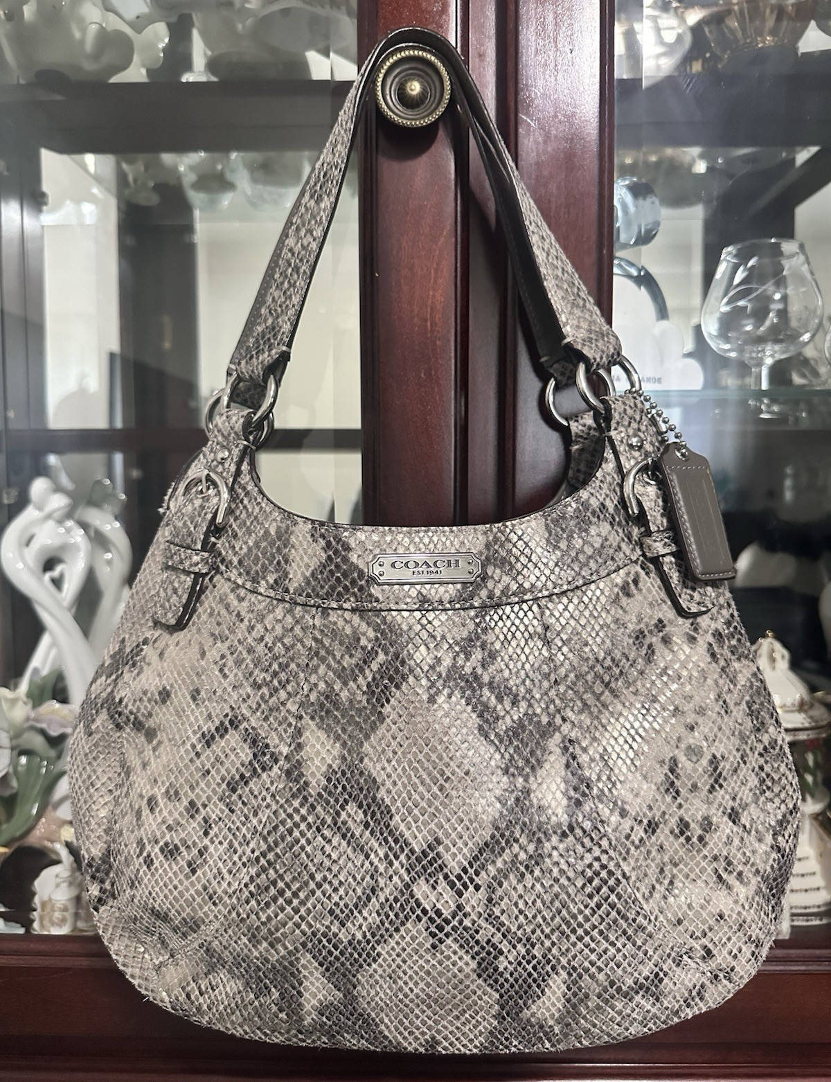 Coach Snake Embossed Medium Crescent Shoulder Bag Gray/Black Silver Hardware