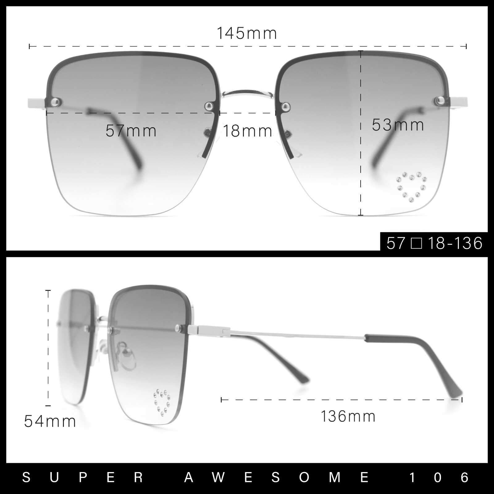 Womens Rimless Rectangle Rhinestone Heart Jewel Studded Lens Metal Sunglasses