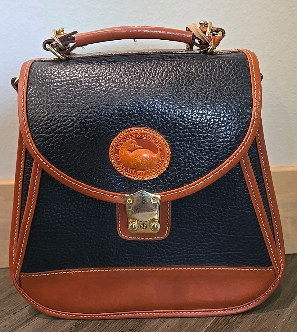 Vintage Dooney & Bourke All Weather Leather Spectator Bag Navy Push Lock Classic