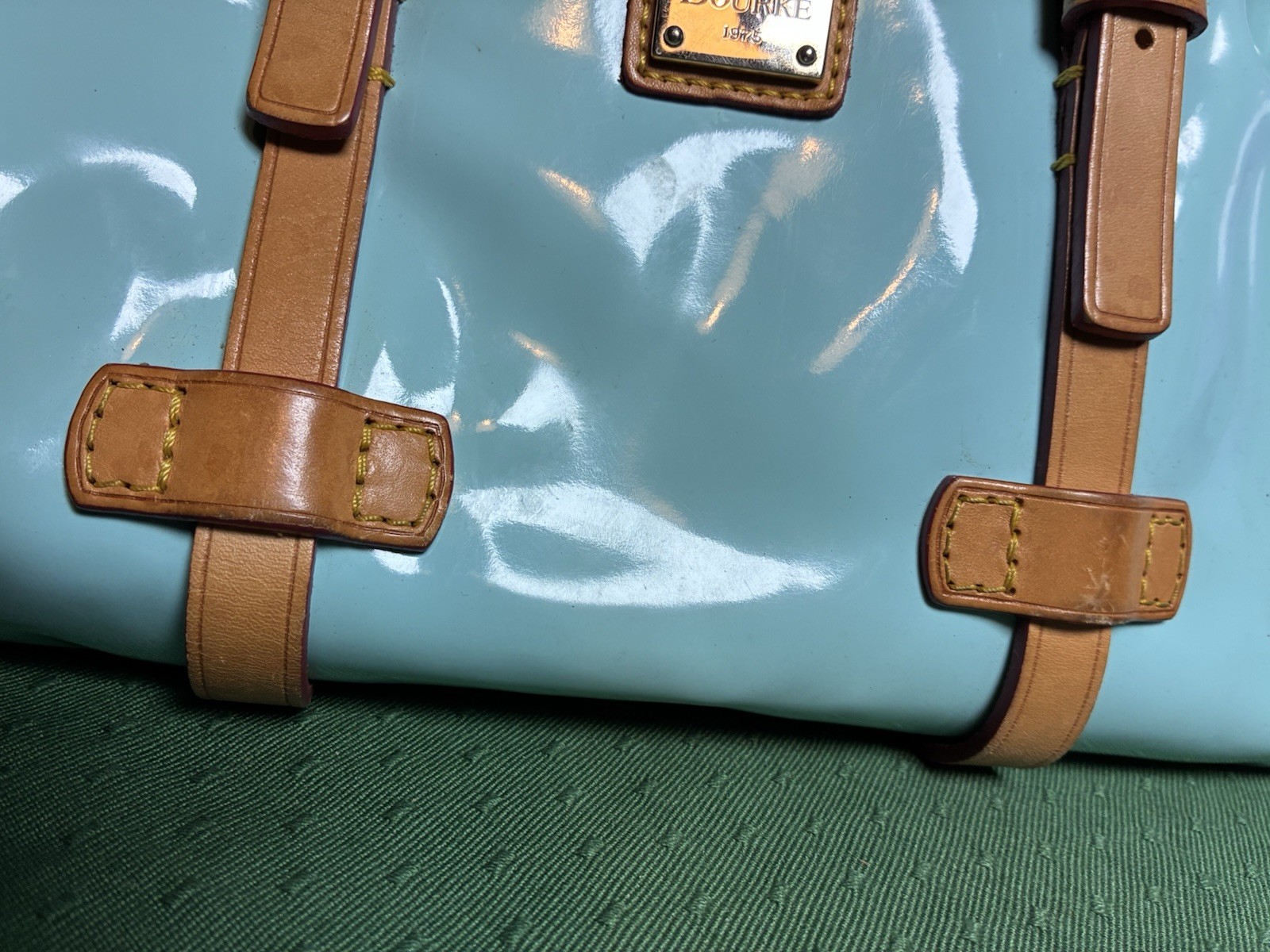Dooney & Bourke Y2K Light Blue Patent Leather Satchel Bag Red Trim Crossbody