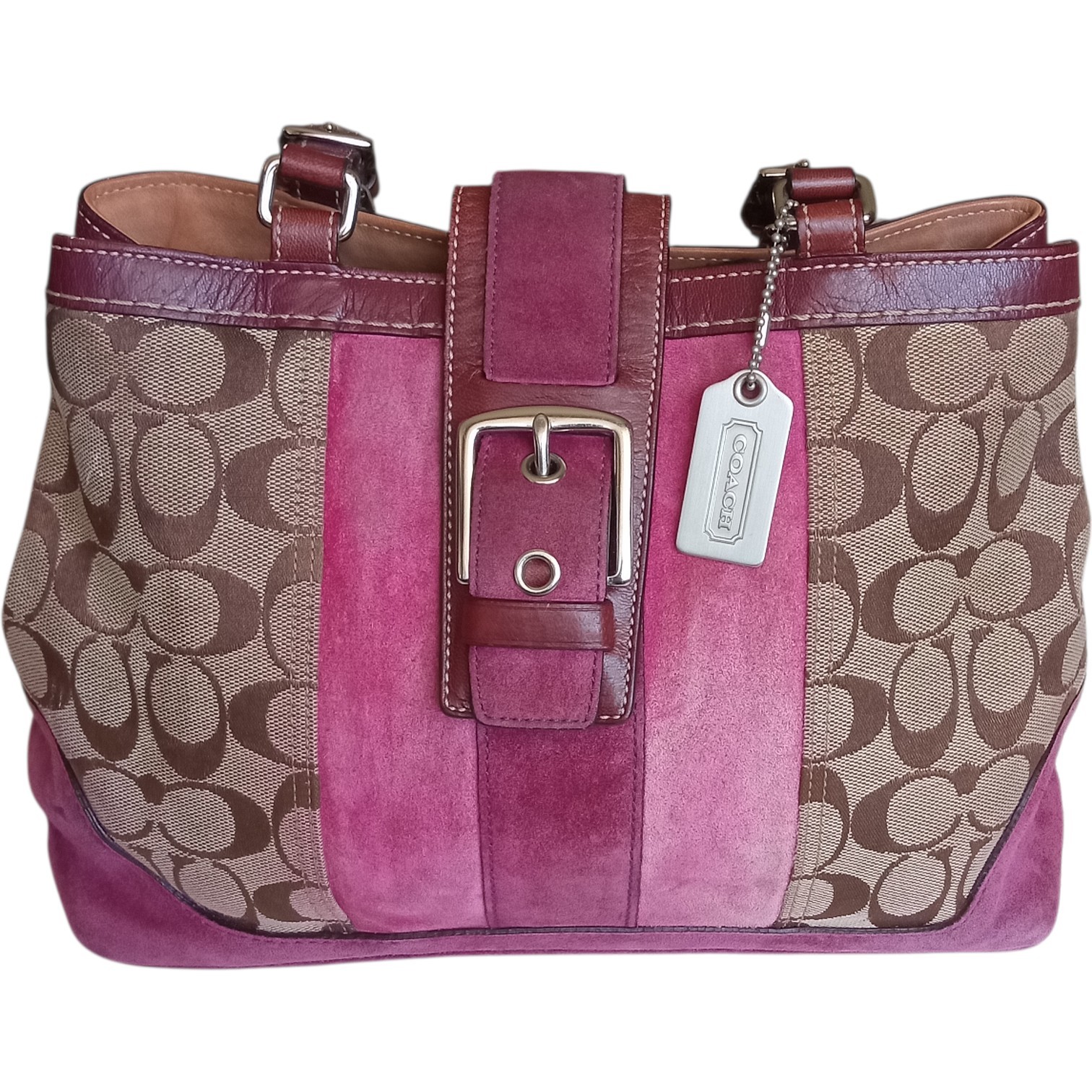 Y2K Coach Hamptons 7054 Pink Suede Signature Canvas Satchel Bag Vintage
