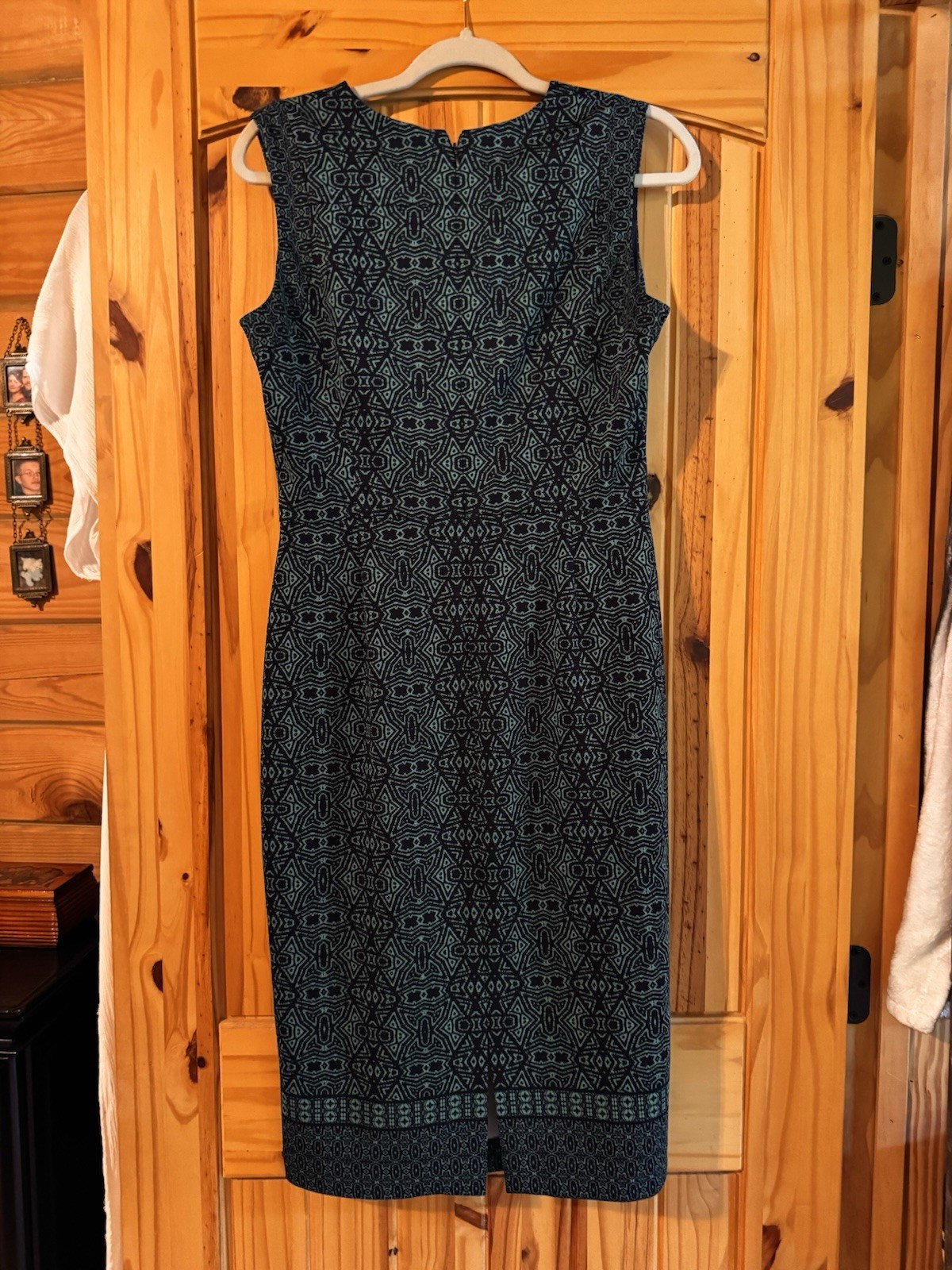 Adorne Navy Teal Geometric Sheath Dress Sleeveless Zip Size 8 Knee Length