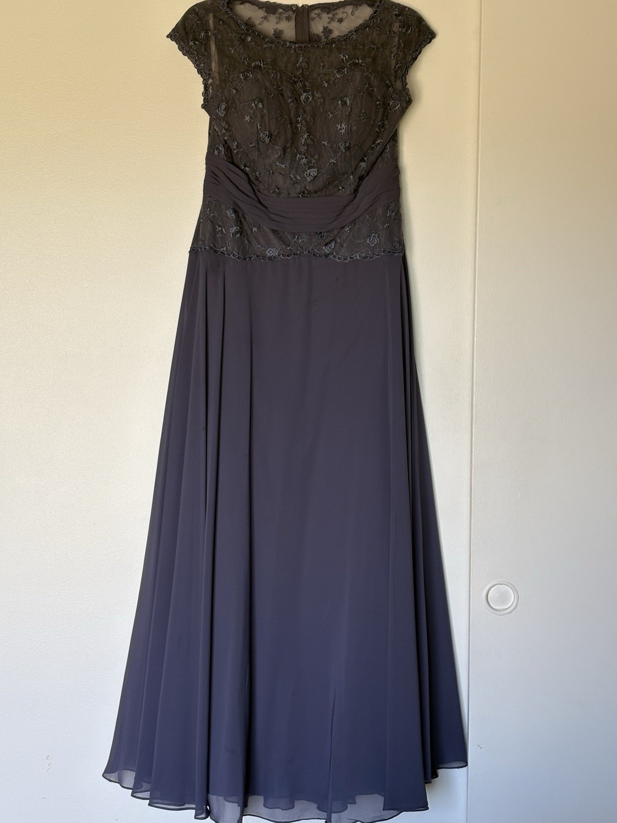 JJ’s House Blue Lace Bodice Long Formal Gown Cap Sleeve Ruched Waist Sheer Skirt