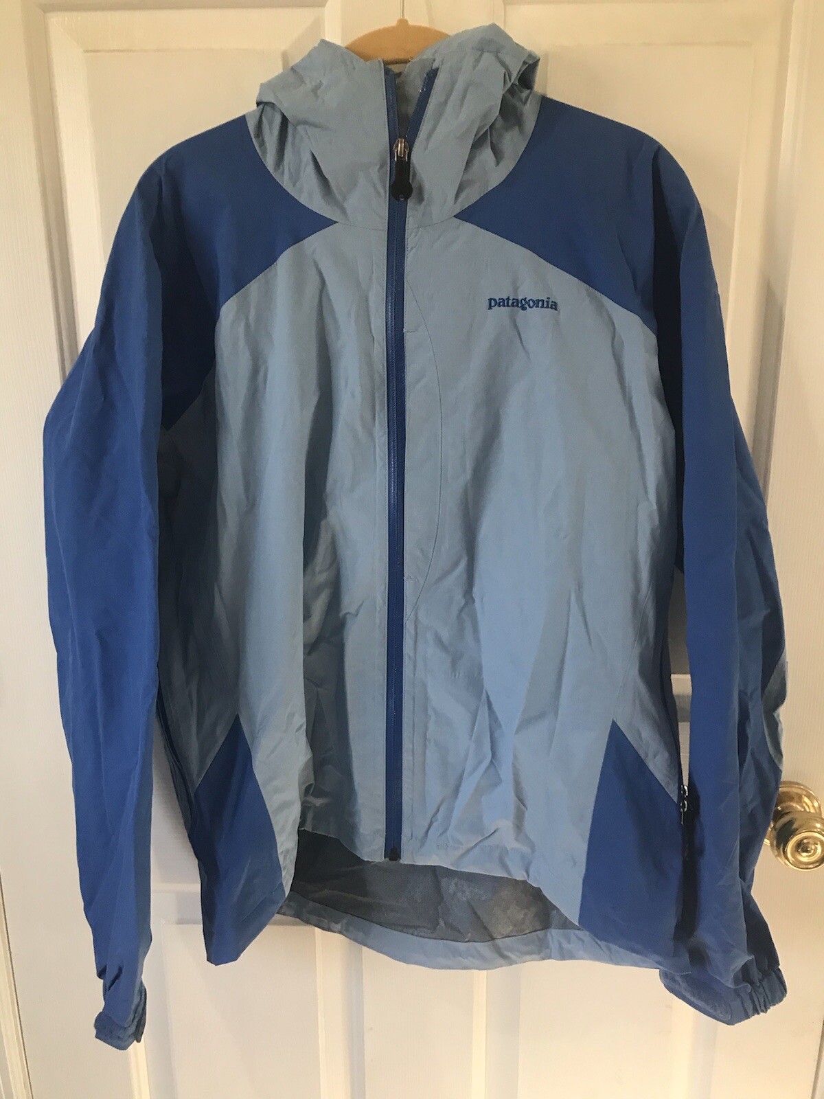 Patagonia Stretch Microburst Jacket Women’s L Two Tone Blue Hooded Sealed Seams