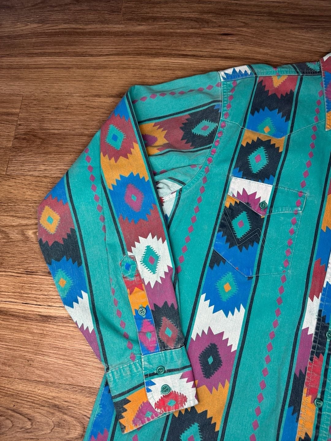 Vintage Wrangler Brushpopper Western Shirt Aztec Geometric Print Teal LongSleeve