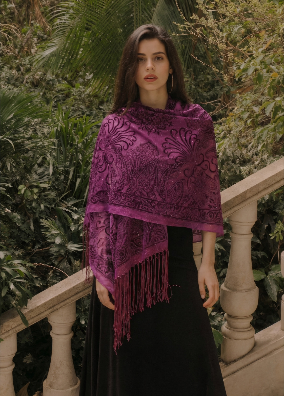 NWT ESCADA Purple Cutout Paisley Fringe Silk Blend Scarf ITALY 42″X 42″