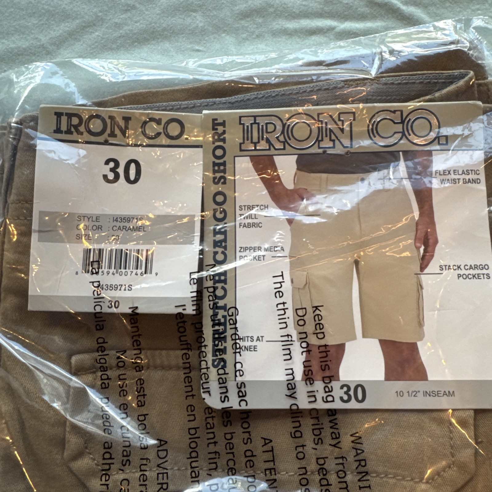 IRON CO. Men’s Stretch Twill Cargo Shorts Size 30, 32, 34, 36,38