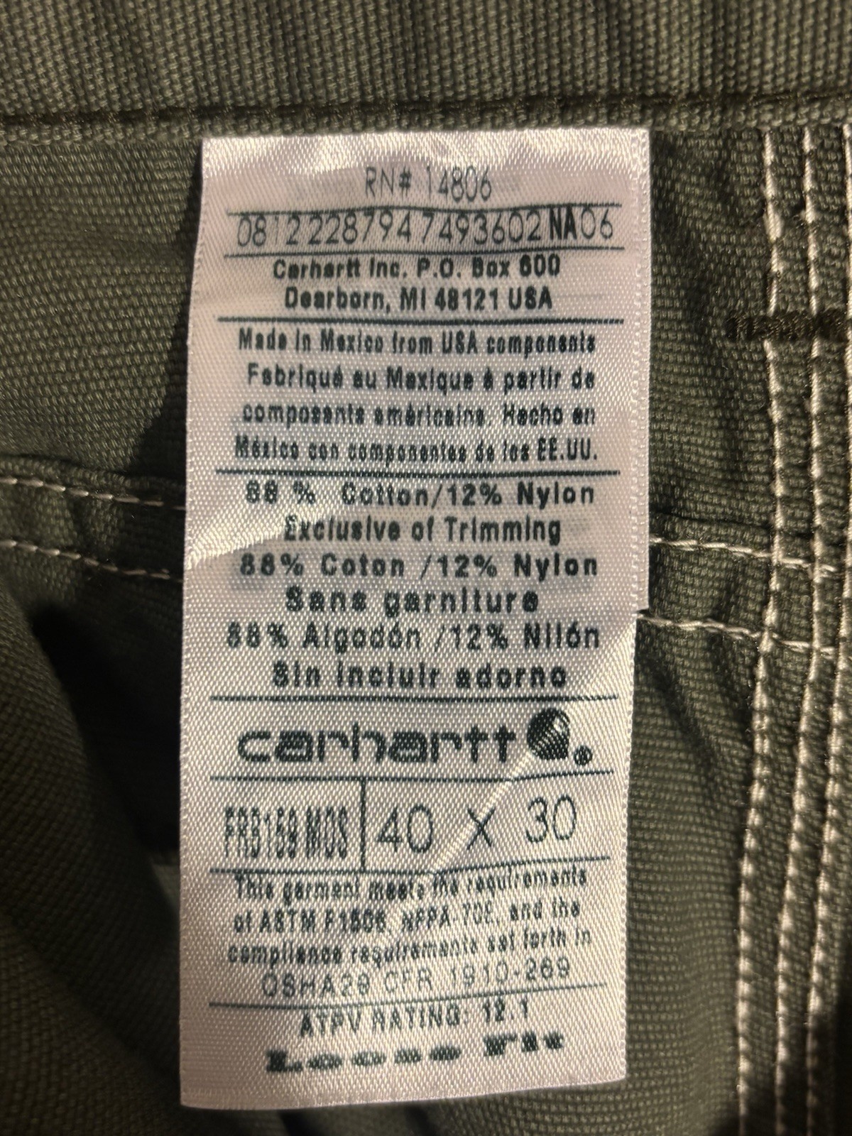 Carhartt Flame Resistant Cotton Nylon Work Pants Green Men’s 40×30 FRB159MOS