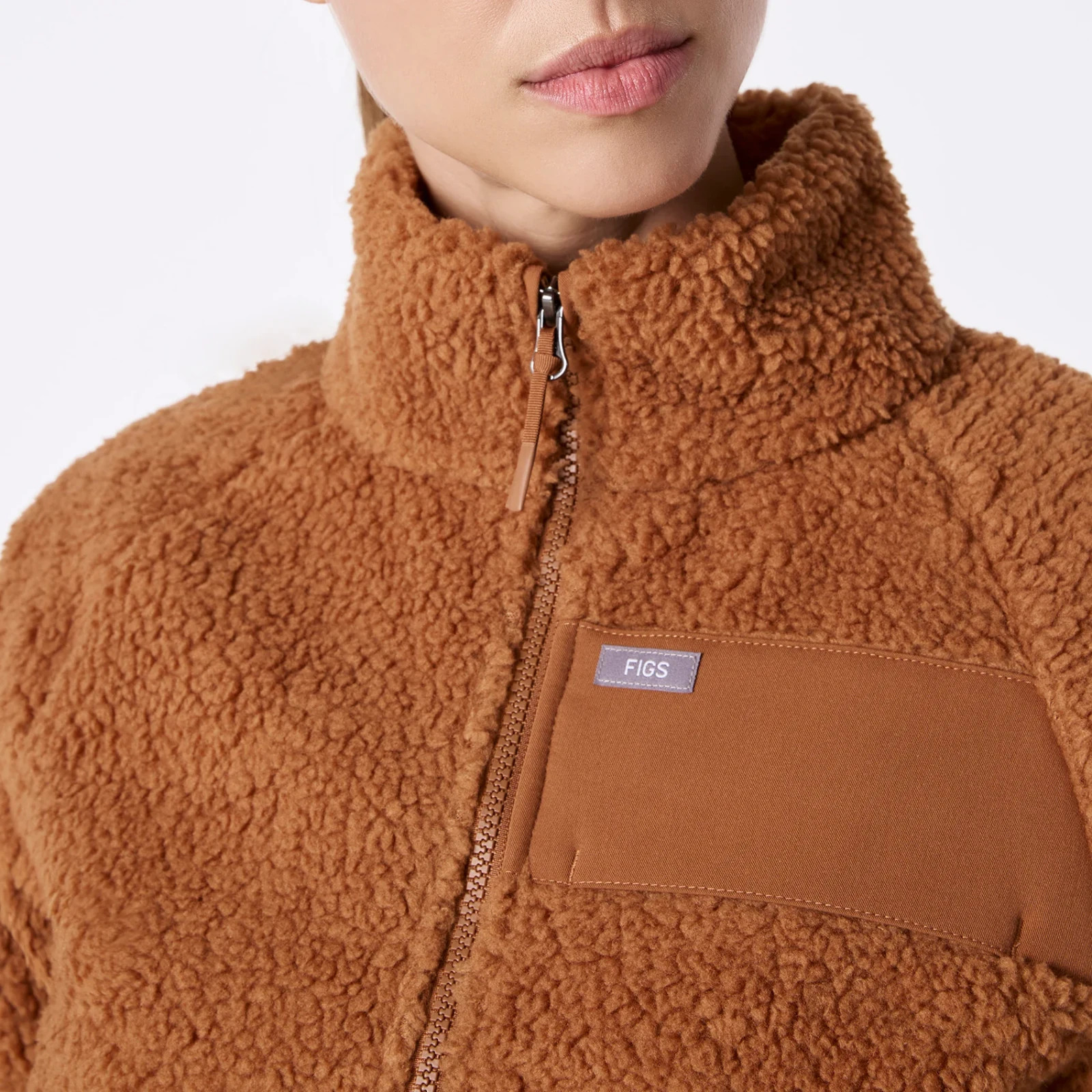 Figs On-Shift High Pile Fleece Bomber Jacket in Mocha, Size XXS