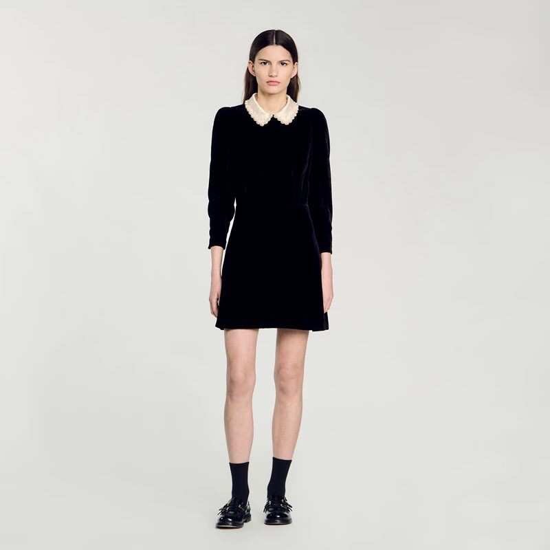 Sandro velour Pearl Doll collar Long sleeve Dress Black for Women