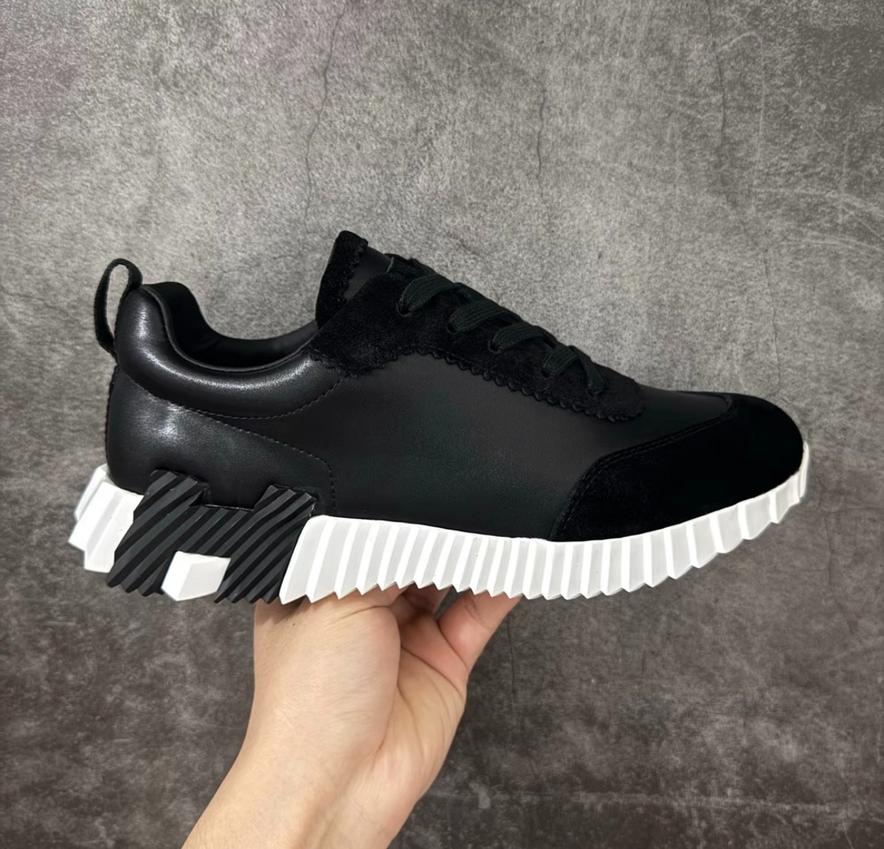 Hermes Bouncing Sneakers Black White Leather Lace Up Designer Shoes Men