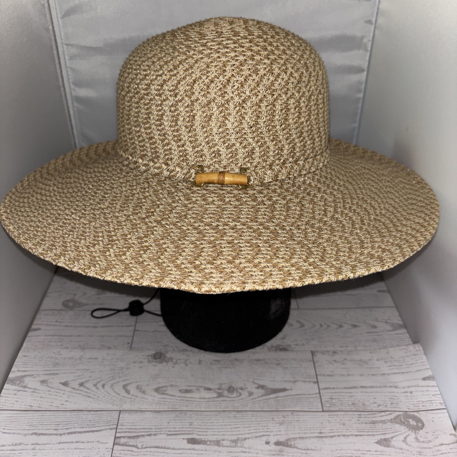 Nine & Co Nine West Floppy Wide Brim Sun Hat Natural Tan With Chin Strap OS