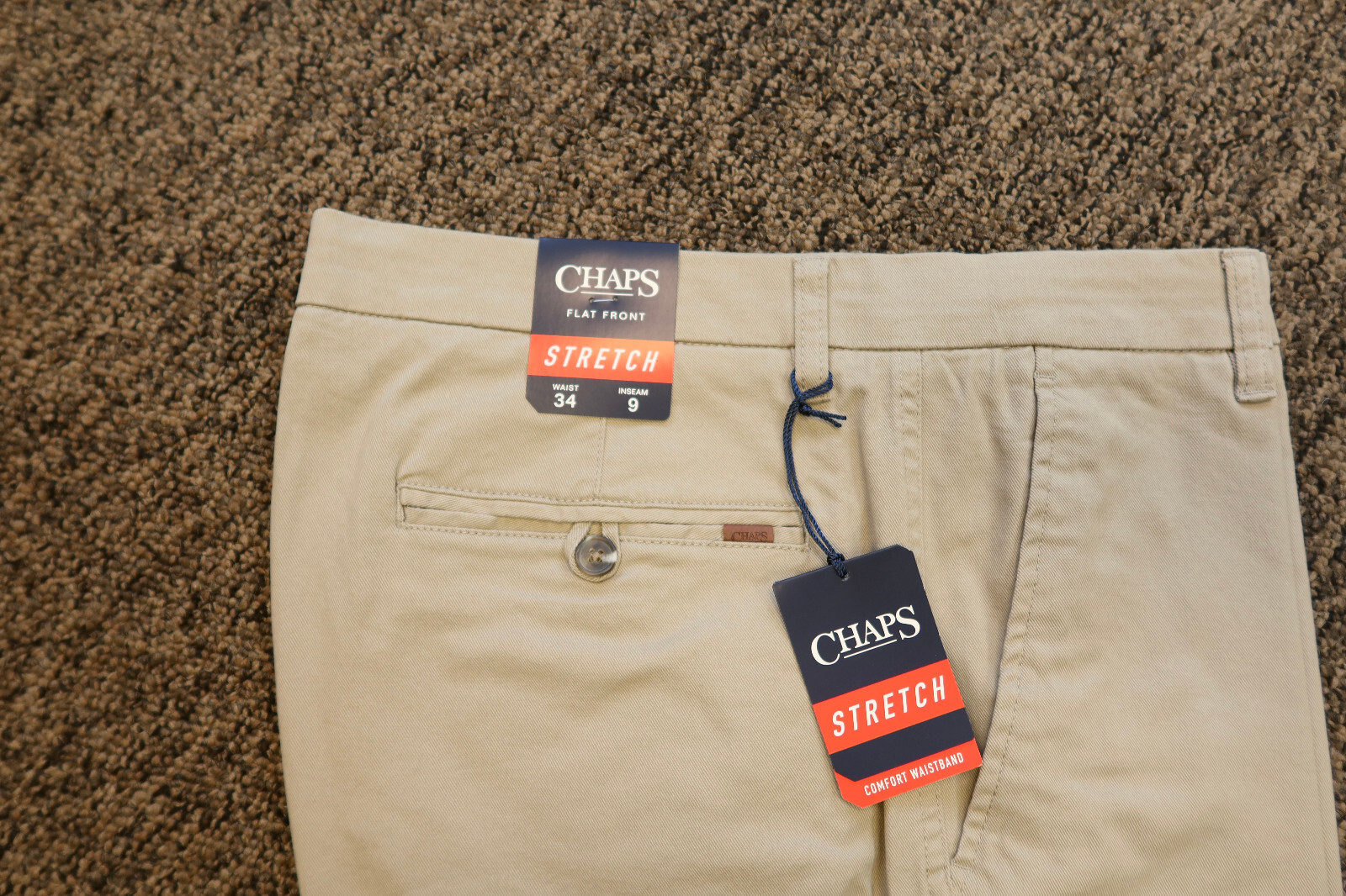 New Chaps Men’s Flat Front Stretch 9″ Shorts with Comfort Waistband – 34 – Khaki