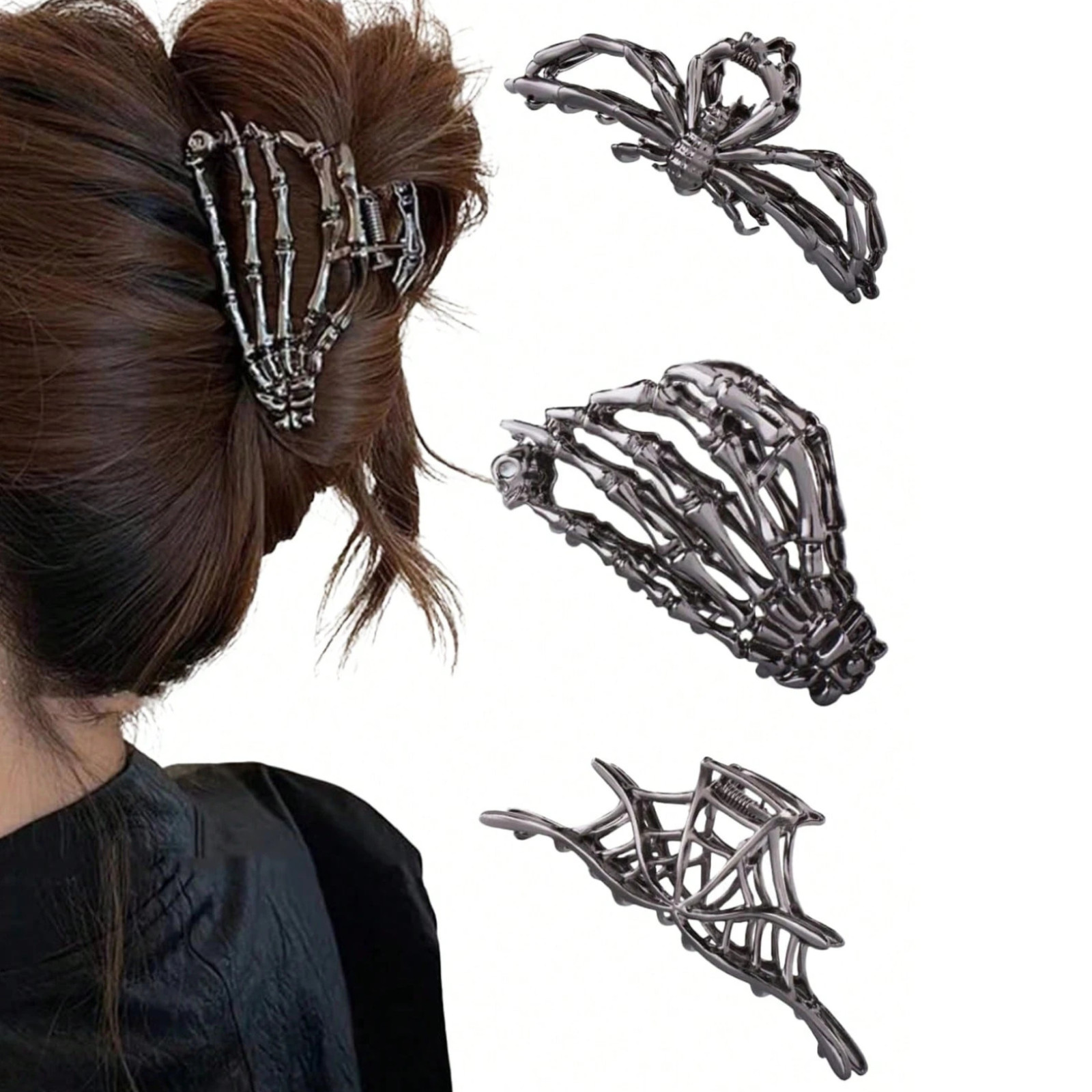 3pcs Metal Gothic Hair Clips Skeleton Hand Skull Spider Halloween Claw Clips US