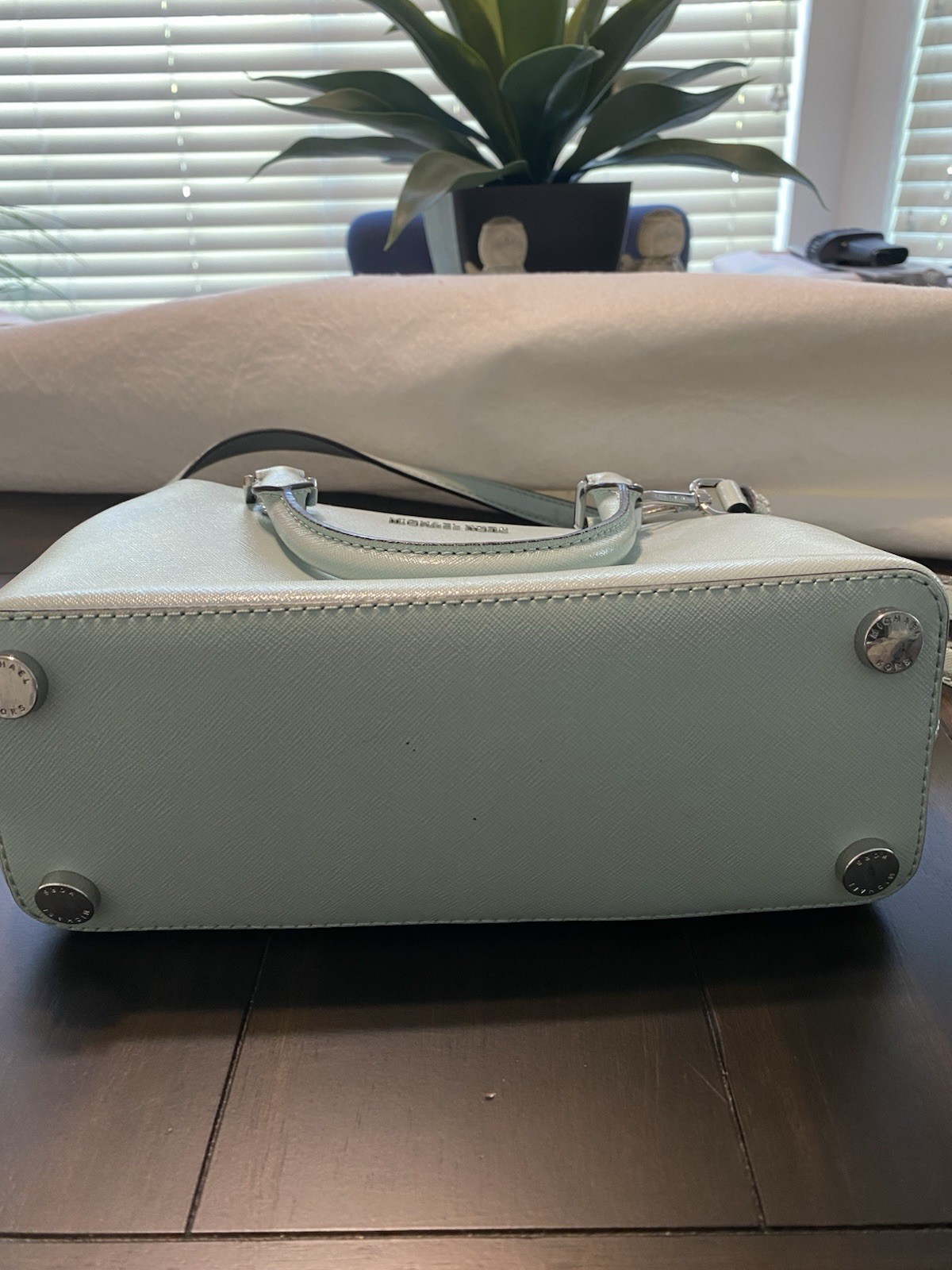 Michael Kors Light Blue Satchel Top Handle Bag Shoulder Strap Dust Bag Silver