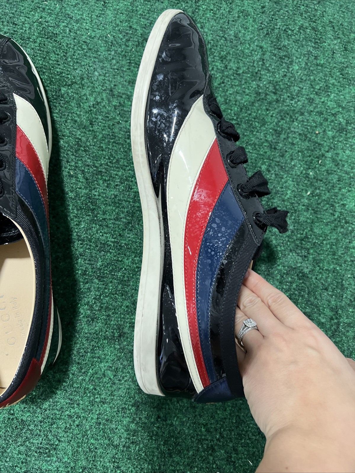 Gucci Men’s Falacer Hebron Web Patent Leather. Size 11 G 11.5 US Navy Red White