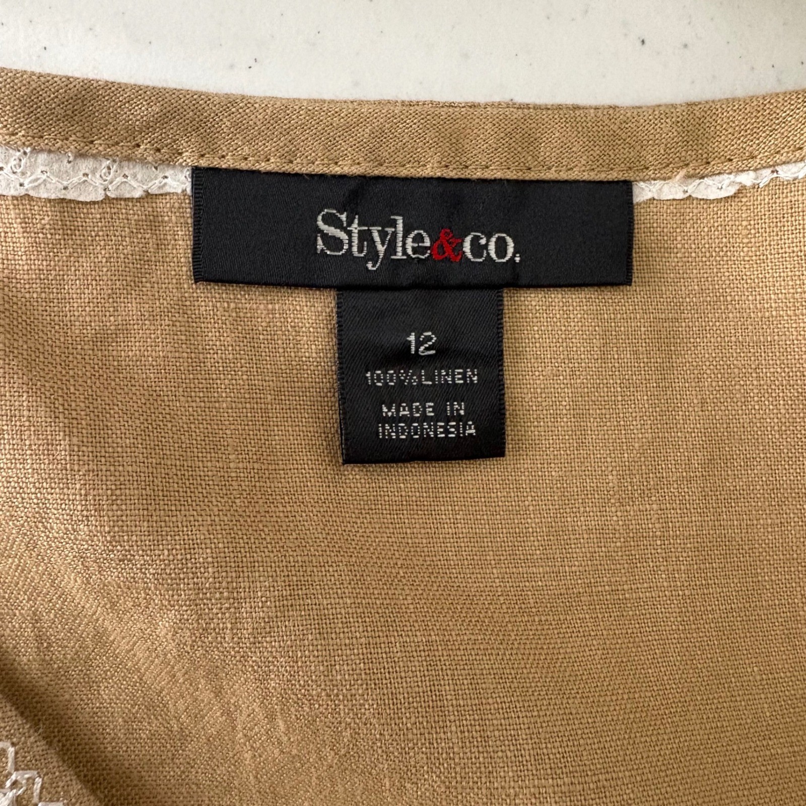 Womens Beige 100% Linen Embroidered V-Neck Empire Waist Top Size 12 Coastal