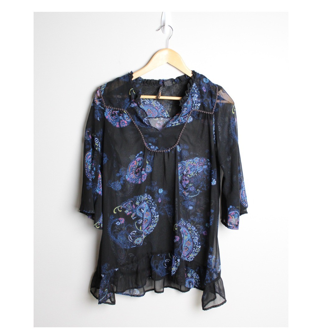 Apollo Bohemian Paisley Sheer Black/Purple Shirt Womens Size L