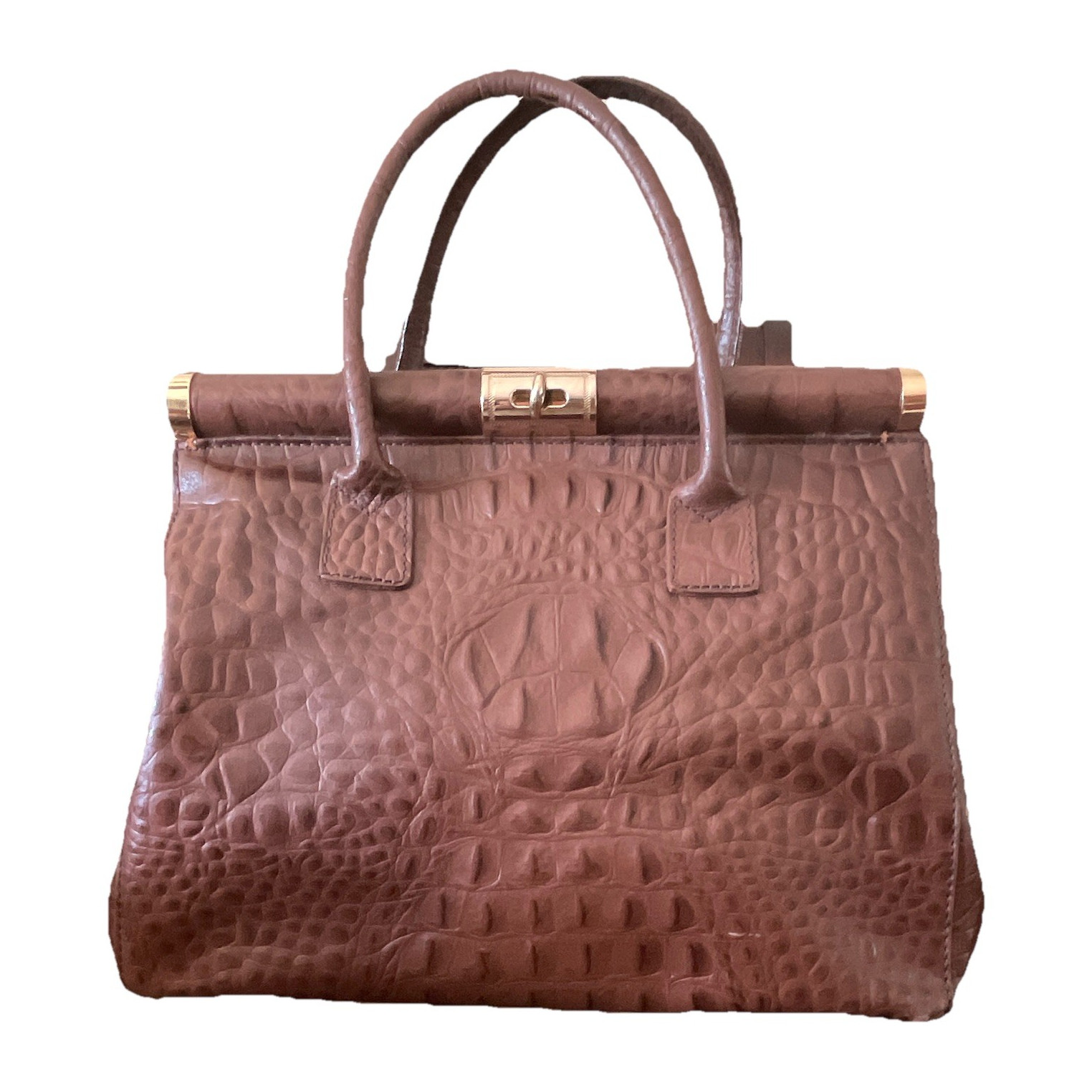 Brown Croc-Embossed Top Handle Satchel Bag w/Key Turn Lock Gold Hardware