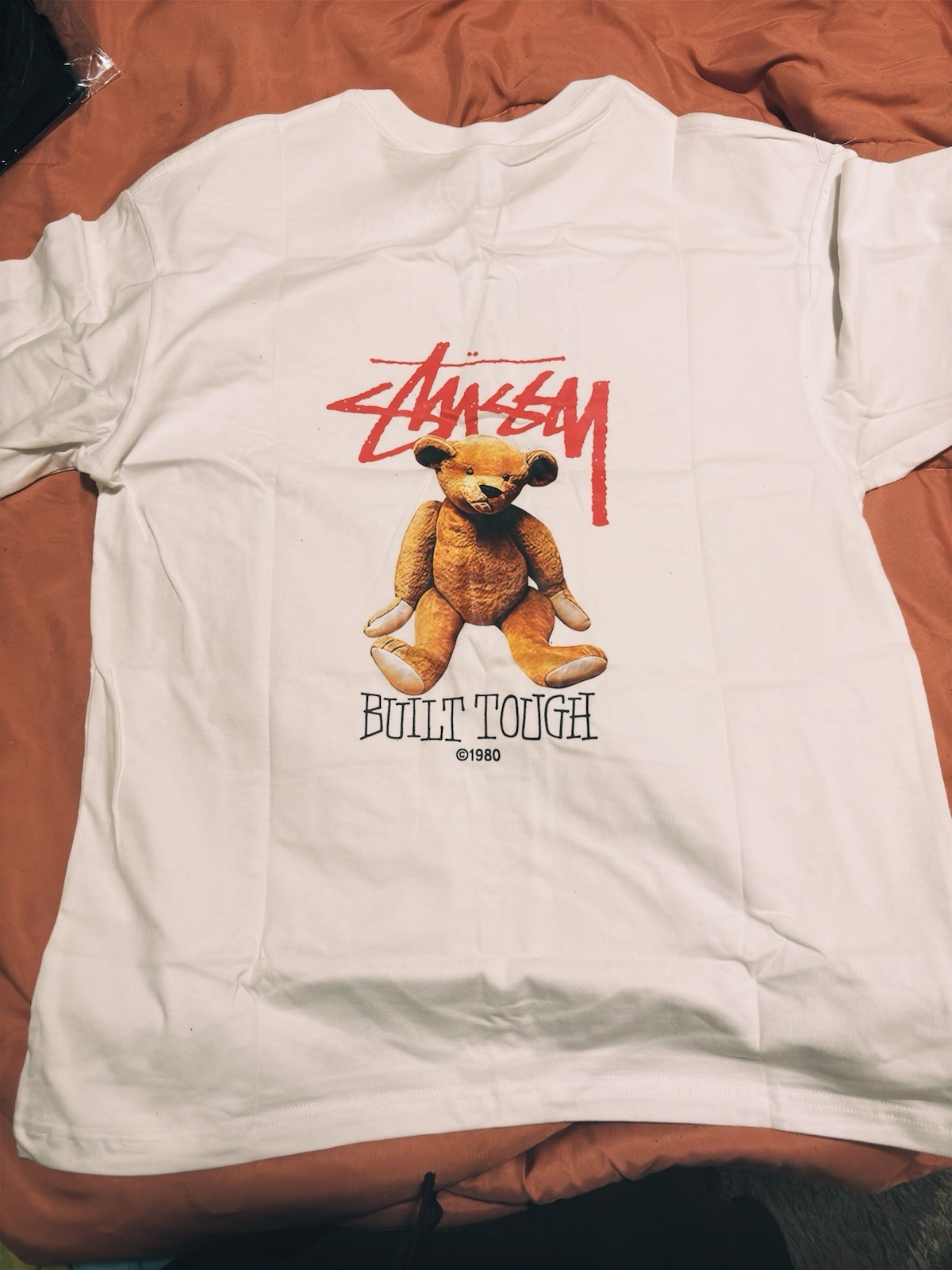 Stussy Men’s White Built Tough Graphic Logo Crew Neck T-Shirt, Size L Regular