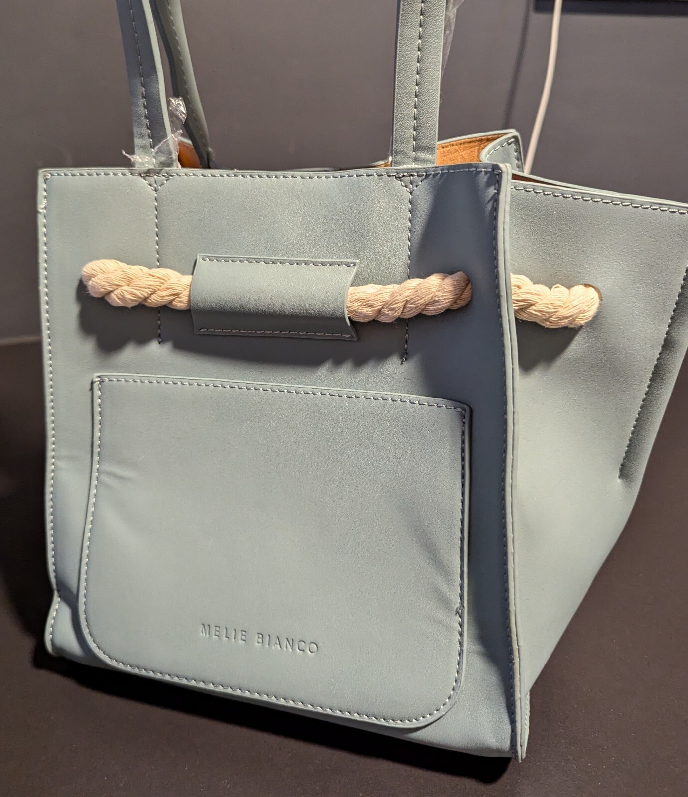 Melie Bianco Monica Mini Structured Top Handle Vegan Tote Shoulder Bag Blue NWT