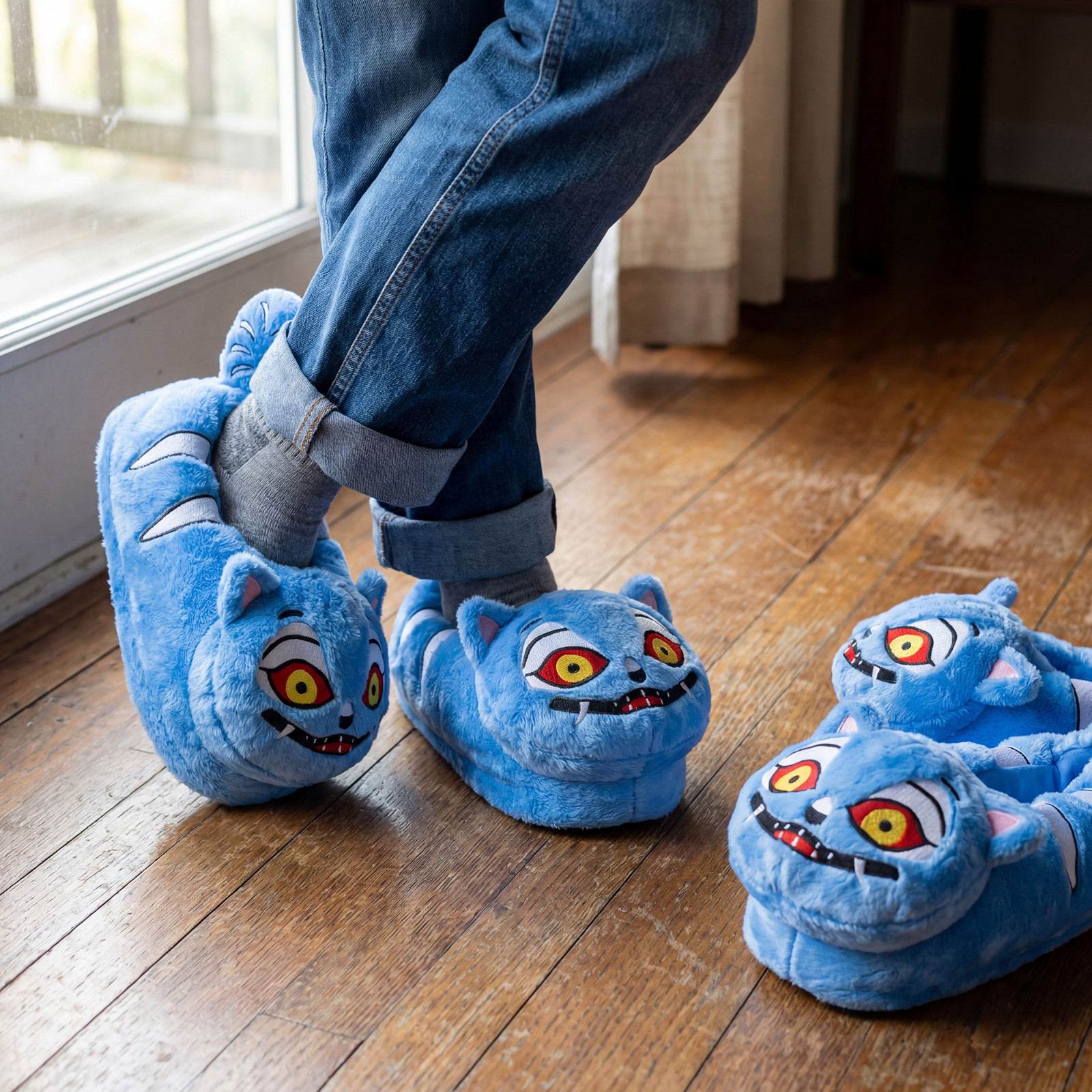 Derpy Blue Tiger Minhwa Plush Slippers (Youth and Adult Sizes)