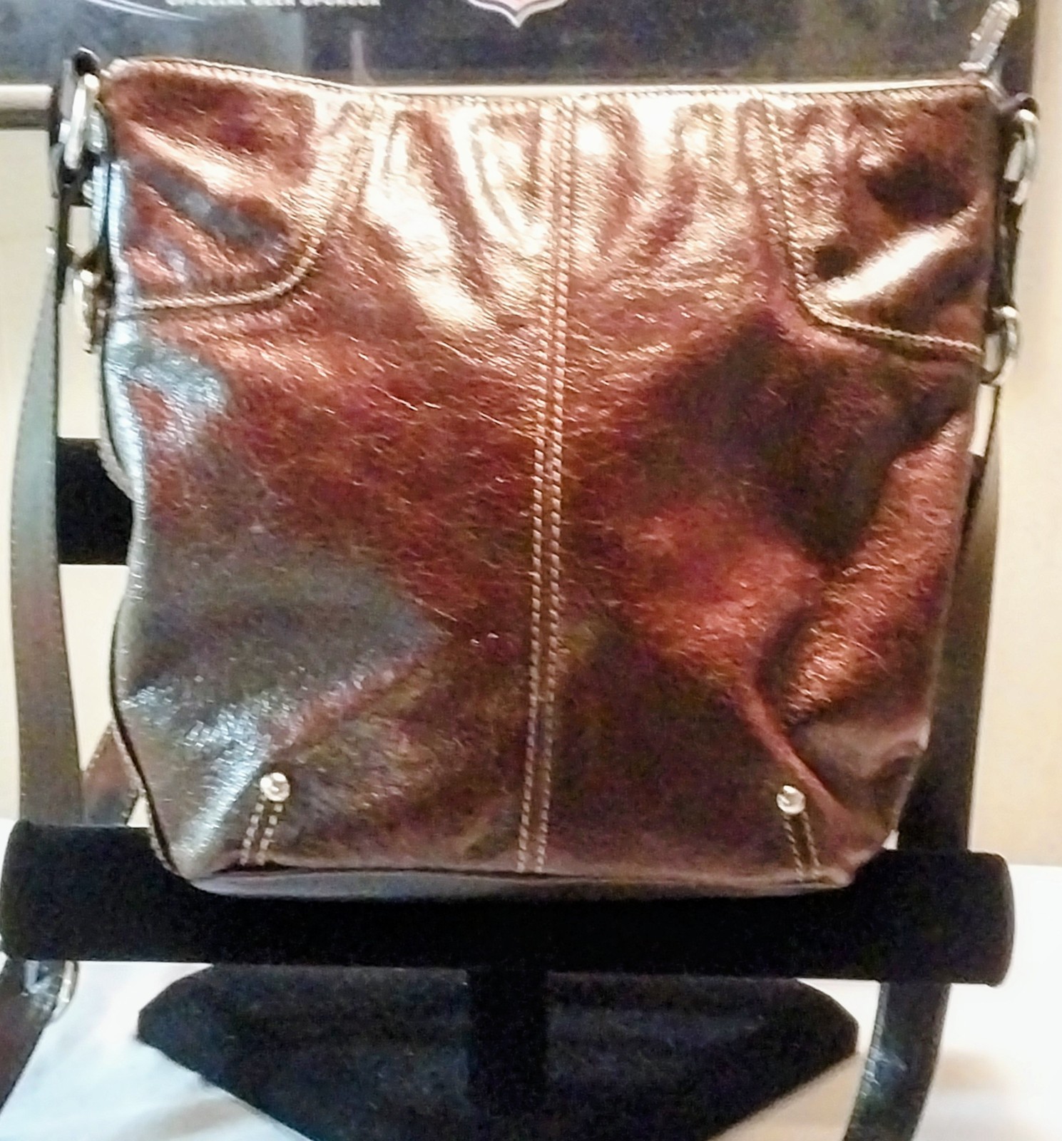 TERRA Caramel Brown Glazed GENUINE LEATHER Stud Detail Crossbody Shoulder Bag
