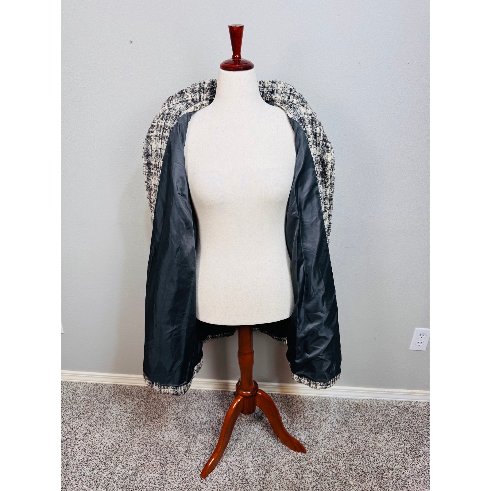 Vintage J. Jill tweed wool blend swing coat lined pockets cream gray long sz SP