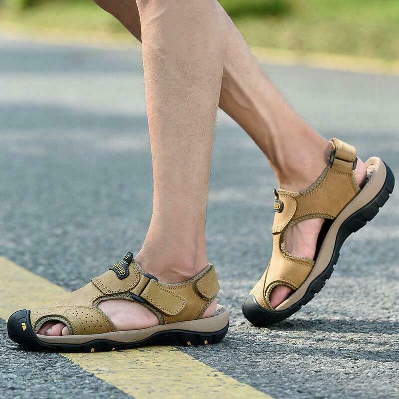 Men Leather Summer Sandals Beach Closed Toe Shoes Sports Outdoor Hiking Thongs