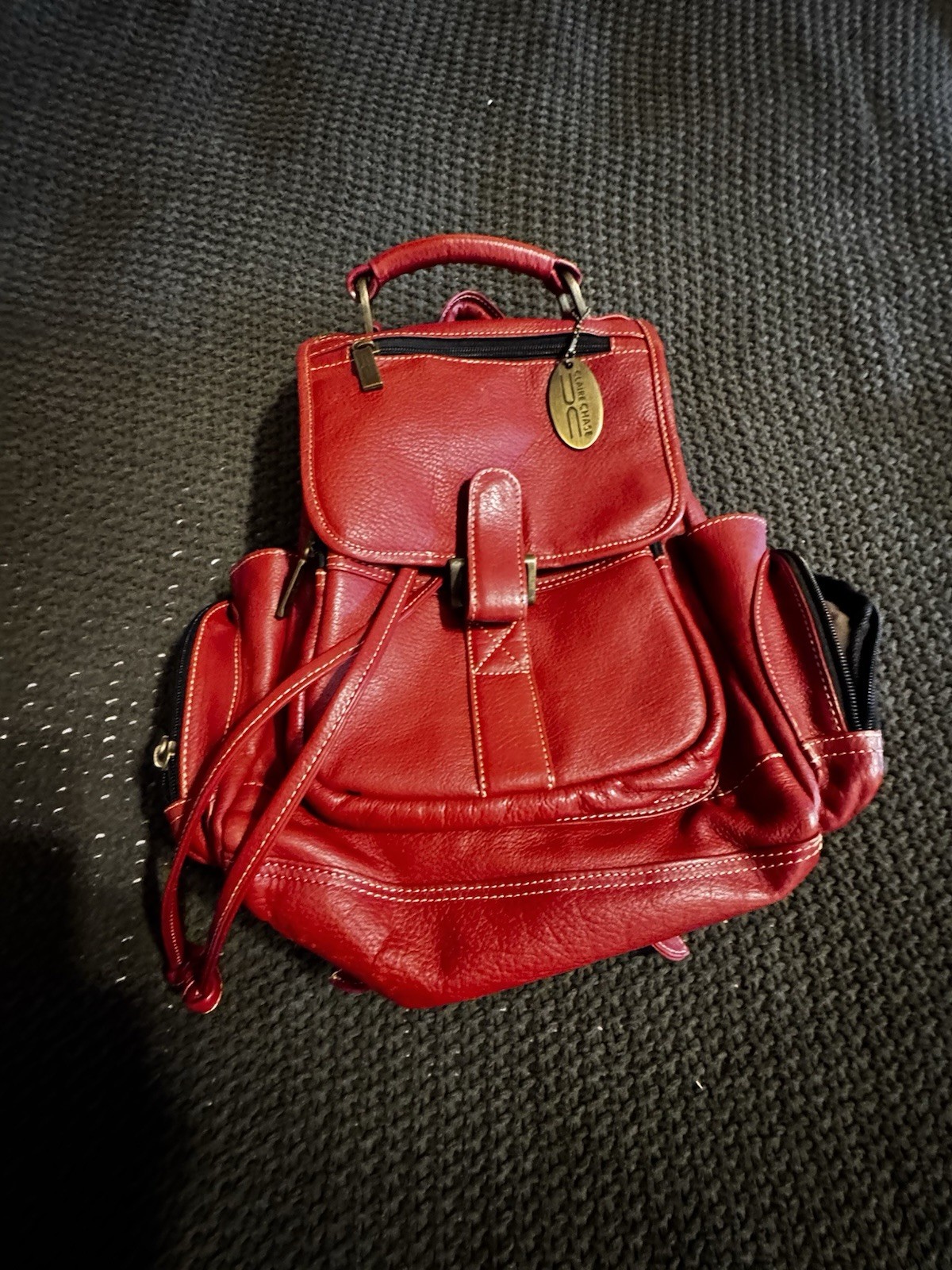 Claire Chase Red Pebbled Backpack Drawstring Flap Top Handle Detachable Strap