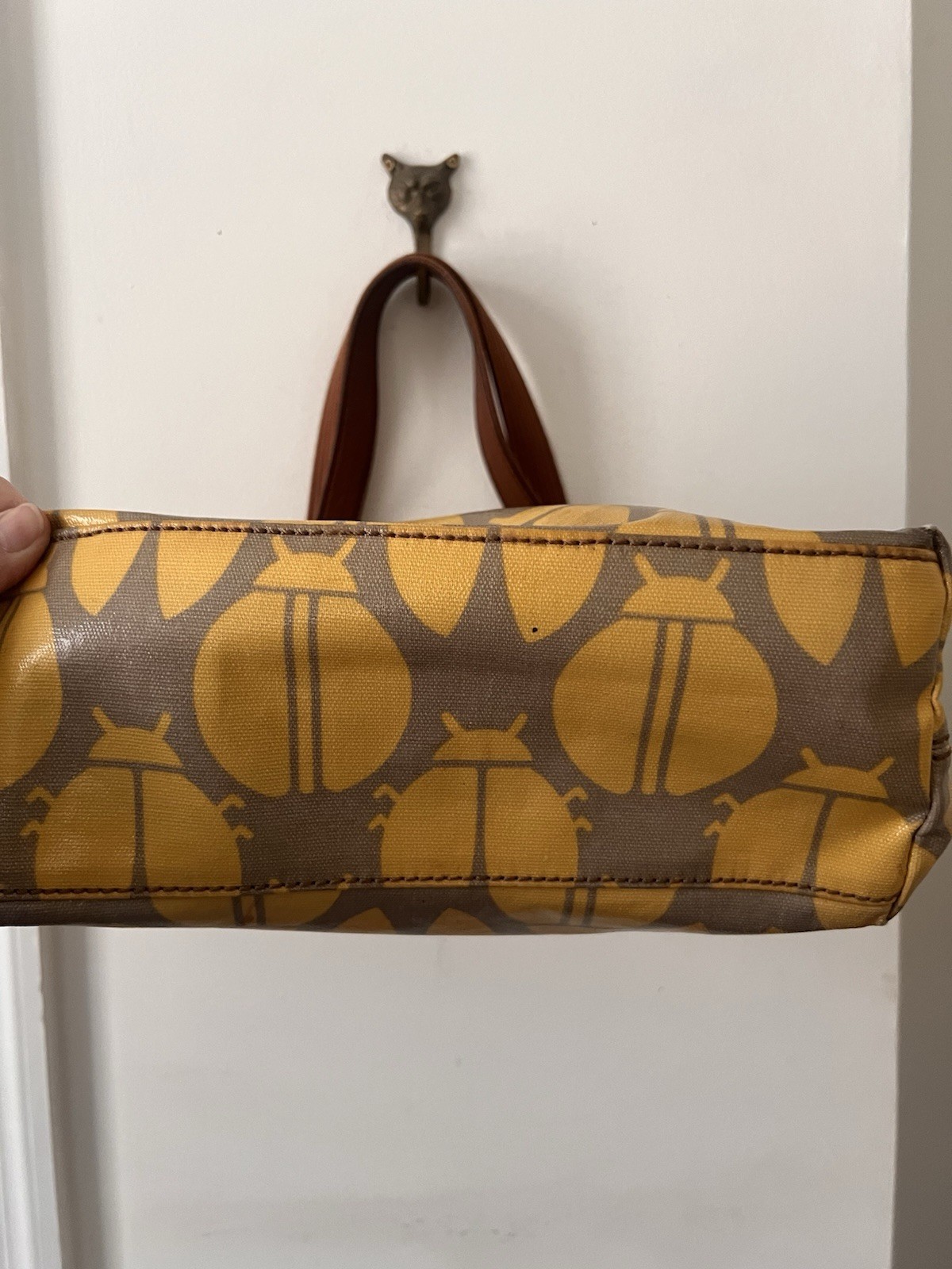 Fossil Key Per Yellow Coated Canvas Leather Trim Ladybug Printed Tote Bag
