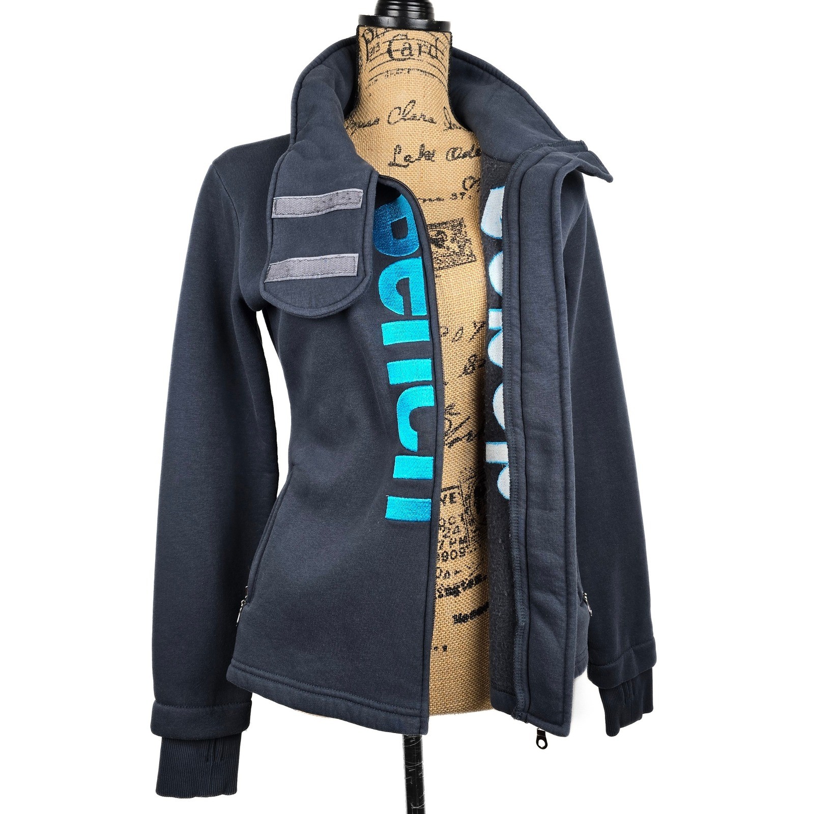 Bench Full Zip Grey Funnel Neck Teal Logo Thumbhole Sweatshirt Womens M