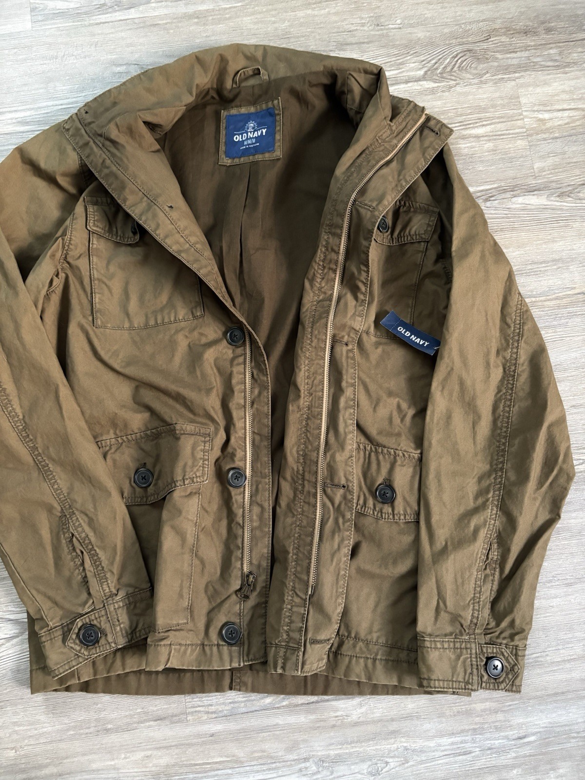 Old Navy Mens M Green Military Field Utility Jacket Pockets Epaulet Zip New