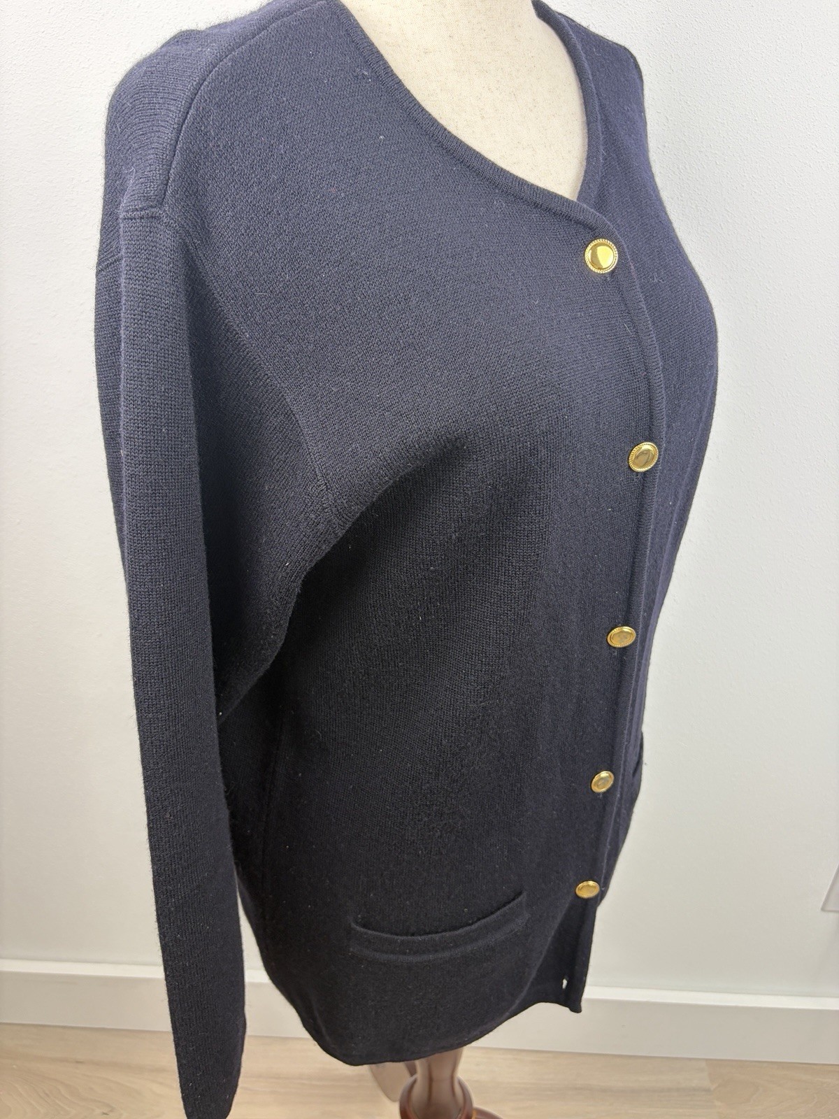 Talbots Petites L Black 100% Merino Wool Cardigan Sweater Gold Buttons