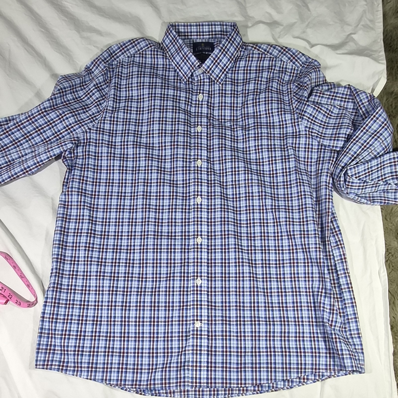 Stafford Travel Easy Care Men’s Dress Shirt 17.5 36/37 Blue Brown Check