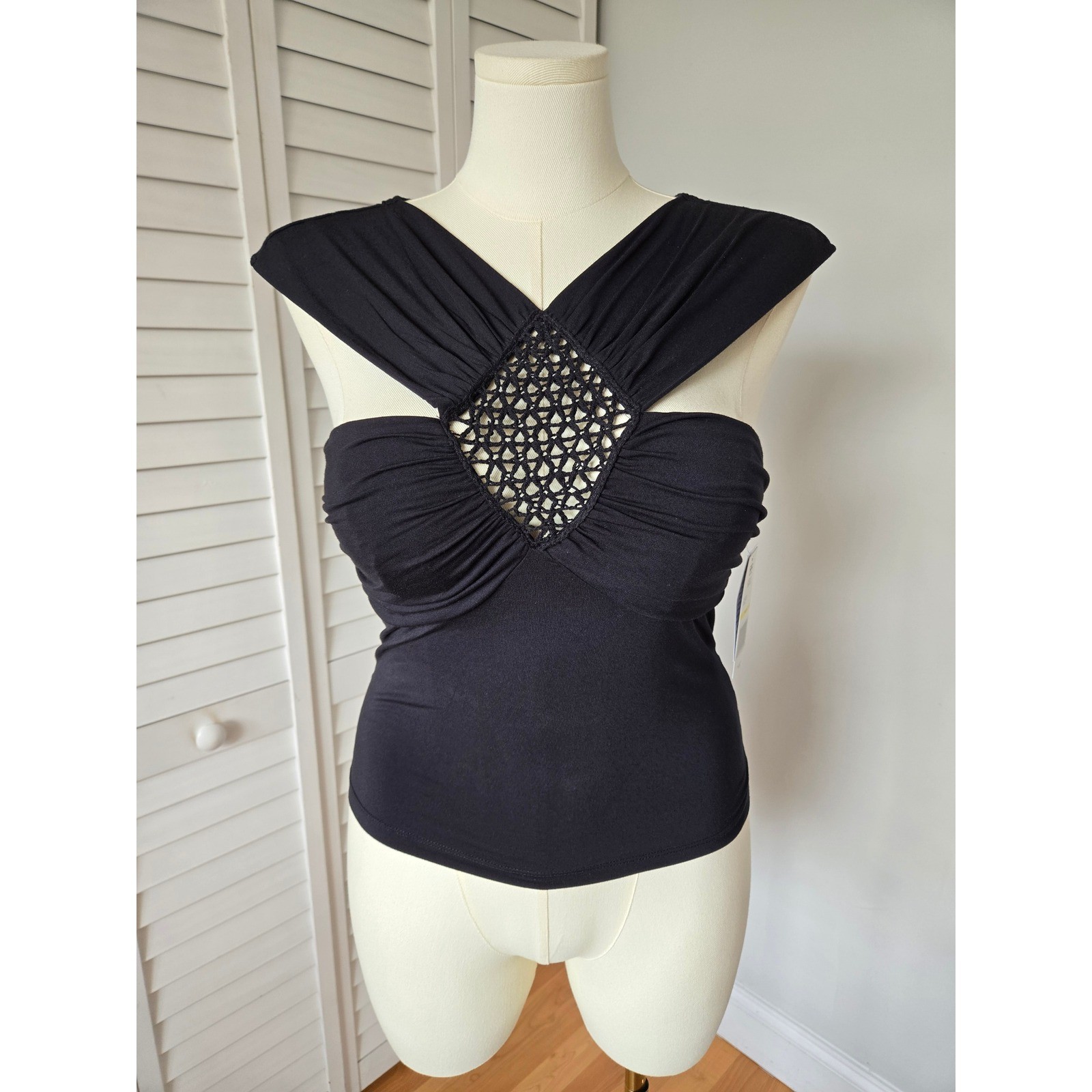 Robert Rodriguez Black Ruched Crochet Cutout Top Size M Y2K Glam Clubwear Chic