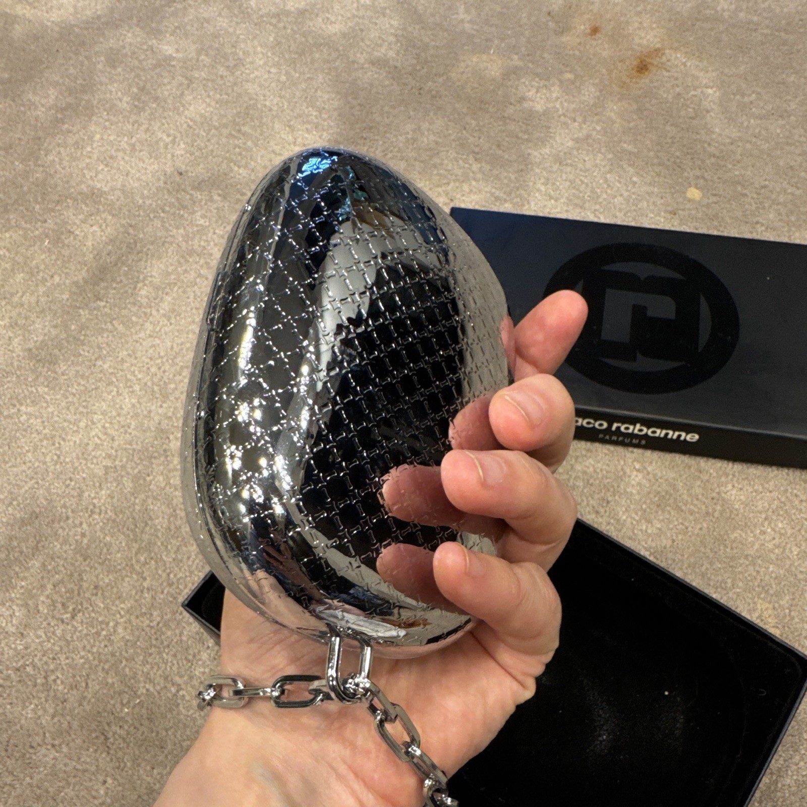 Paco Rabanne Silver Metallic Oval Clutch Chain Strap w/ Box