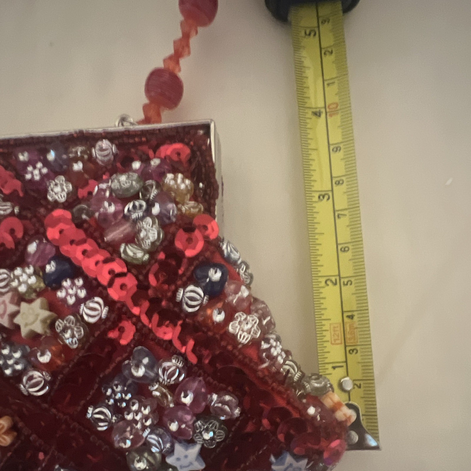 NEW Red Beaded Sequin Floral Lock Clutch satin Lined three lengths