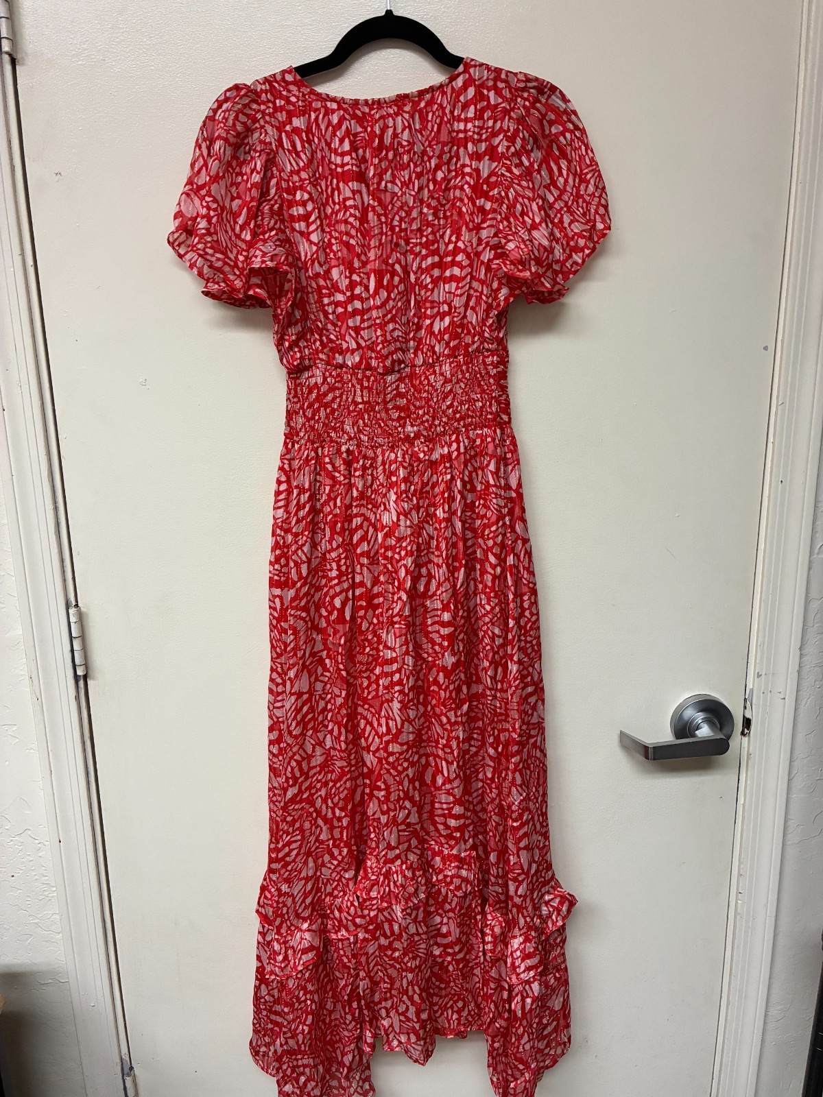 Ramy Brook Printed Ruffle Dress Red And White V Neck Size XS