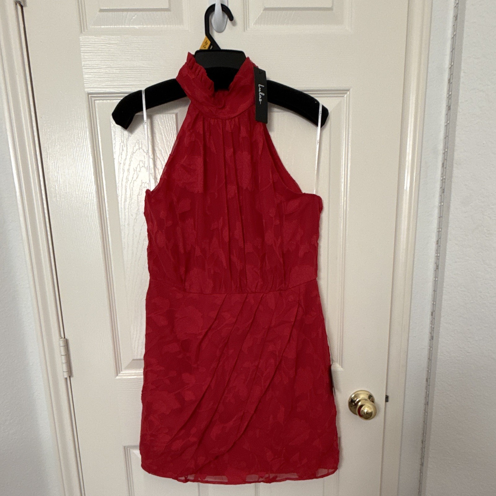 Lulus Red Solid Chiffon Halter Ruffle Sleeveless Lined Mini Dress Zip Size L