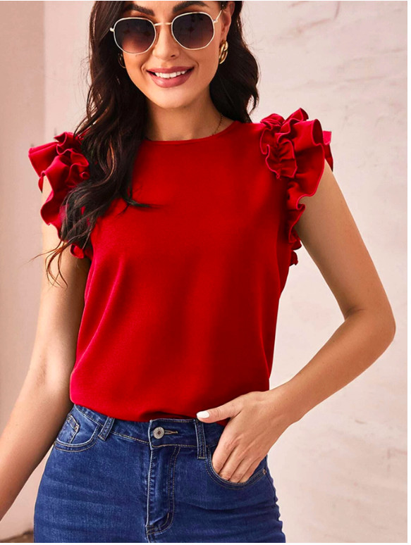 Red Ruffle Armhole Solid Top Sz XS S M L