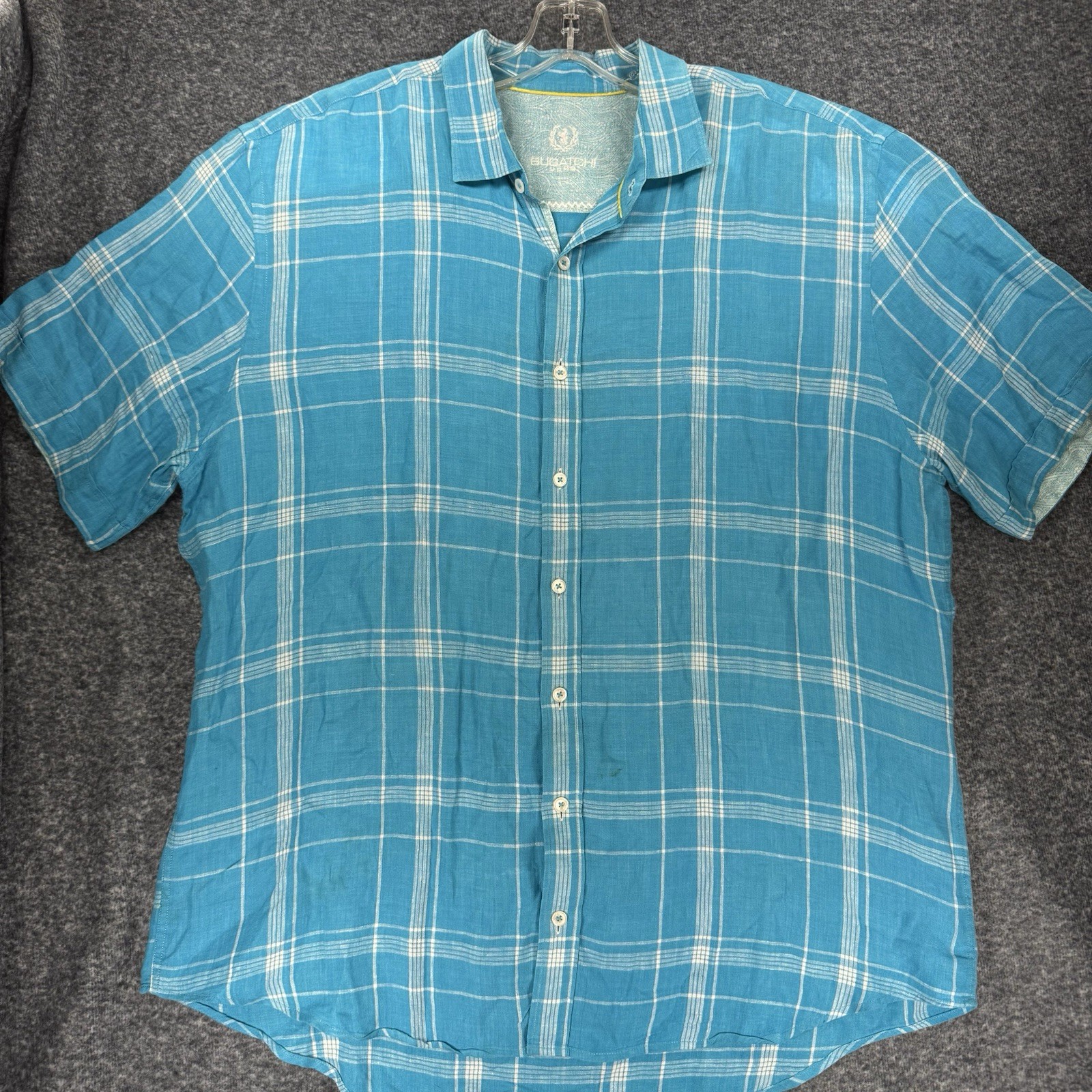 Bugatchi Linen Shirt Mens Lrg Blue Check Shaped Fit Button Up Short Sleeve A161