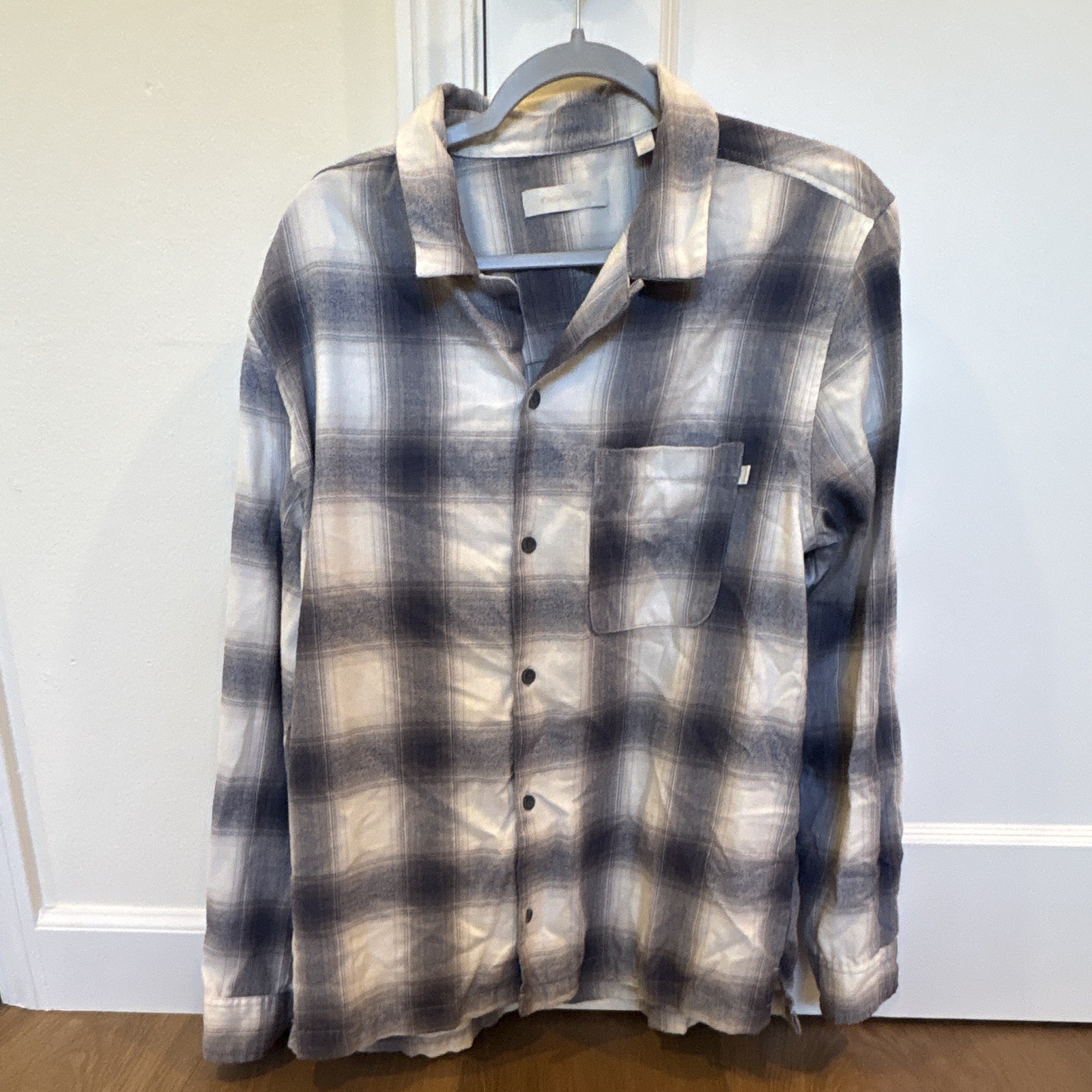 STANDARD/CLOTH Men’s Regular Plaid Blue/White Long Sleeve Button-Up Pockets L/G