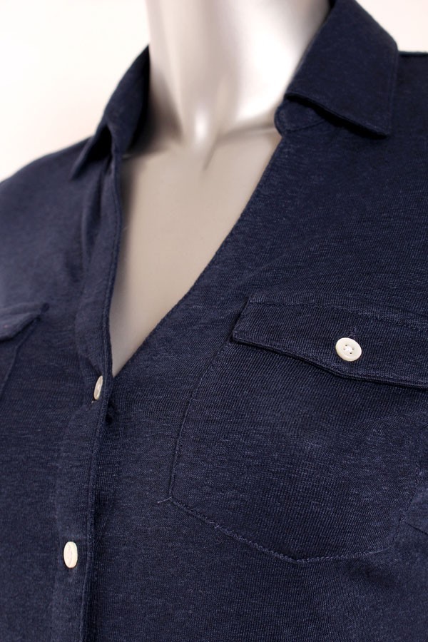 NEW Women J. McLaughlin Brynn Linen Stretch 3/4 Sleeve Button Down Shirt Navy