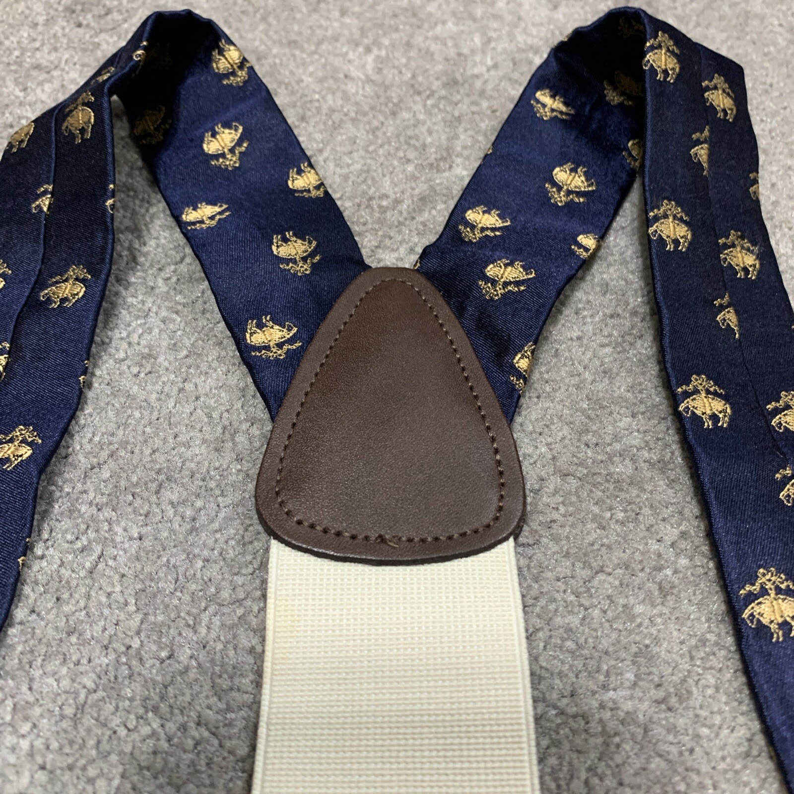Brooks Brothers Silk Suspenders Navy Blue with Golden Fleece Sheep Silk Leather