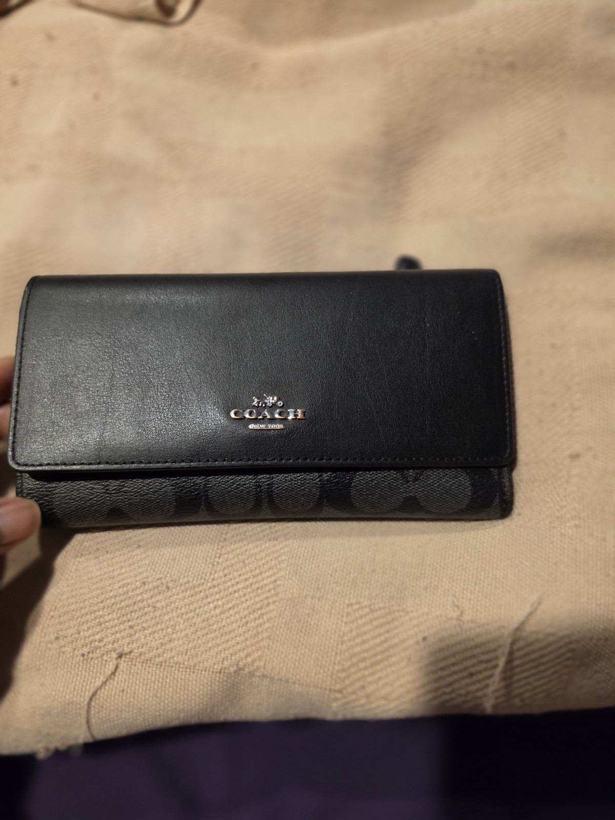Coach Black Signature Logo Flap Folding Wallet with ID Window & Card Slots