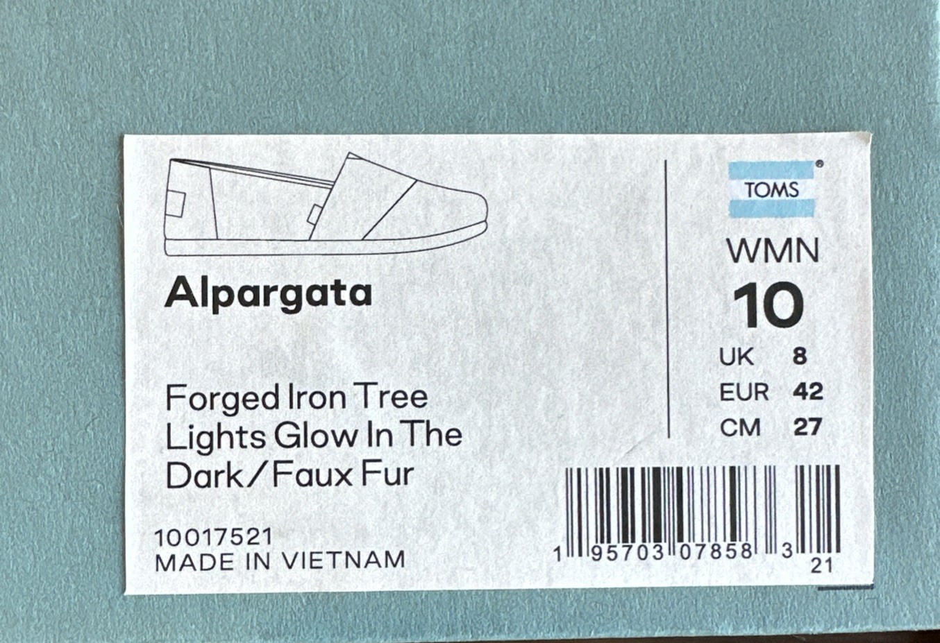 NWT TOMS Alpargata Slip-on Forged Iron Tree Glow In Dark/Faux Fur, US 10/UK 8